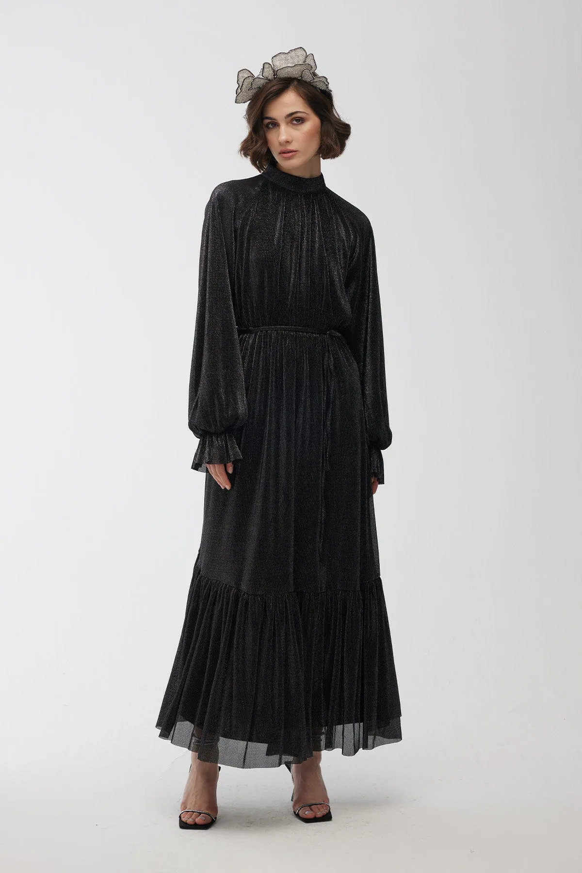 Manuka  Plissiertes glitzerndes Abendkleid in Schwarz