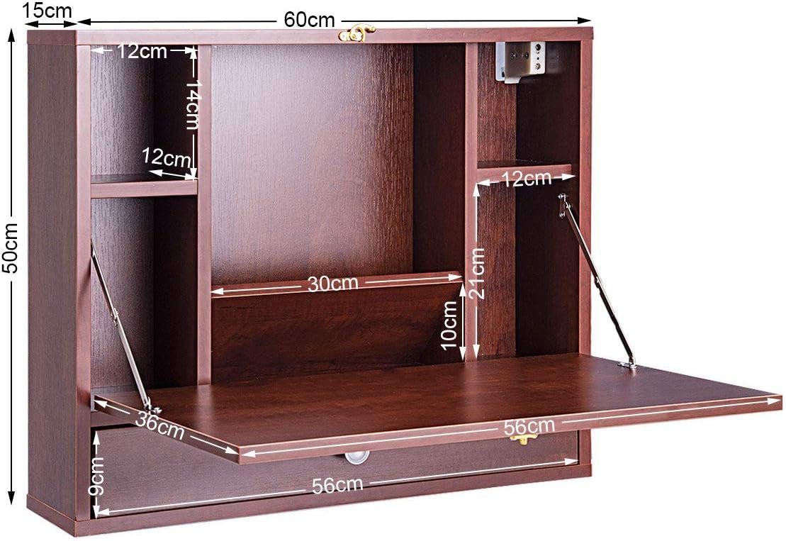 KOMFOTTEU Klapptisch Wandklapptisch, Arbeitstisch für PC Computer, aus Holz, mit Ablagefach und Schublade