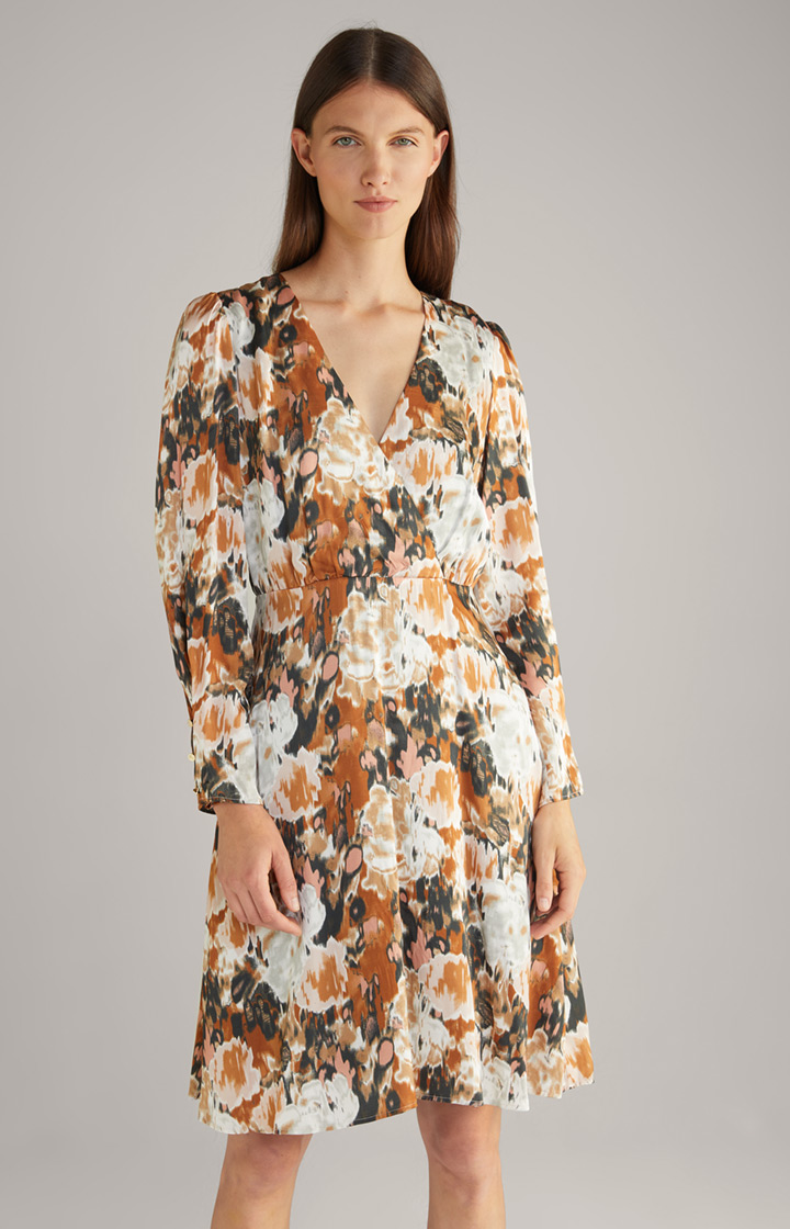 Satin-Kleid in Braun/Schwarz/Ecru gemustert