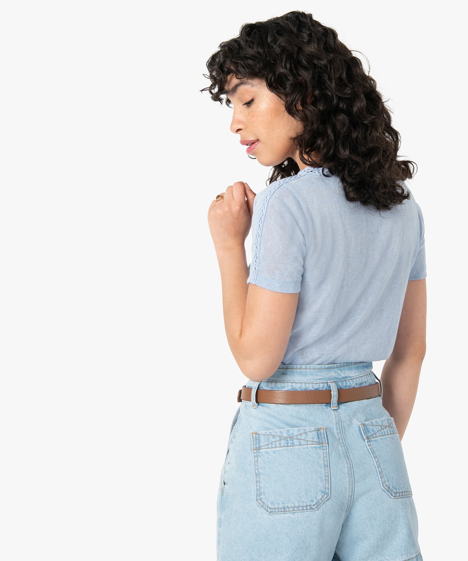 Tee-shirt femme à manches courtes en maille fine bleu | GEMO