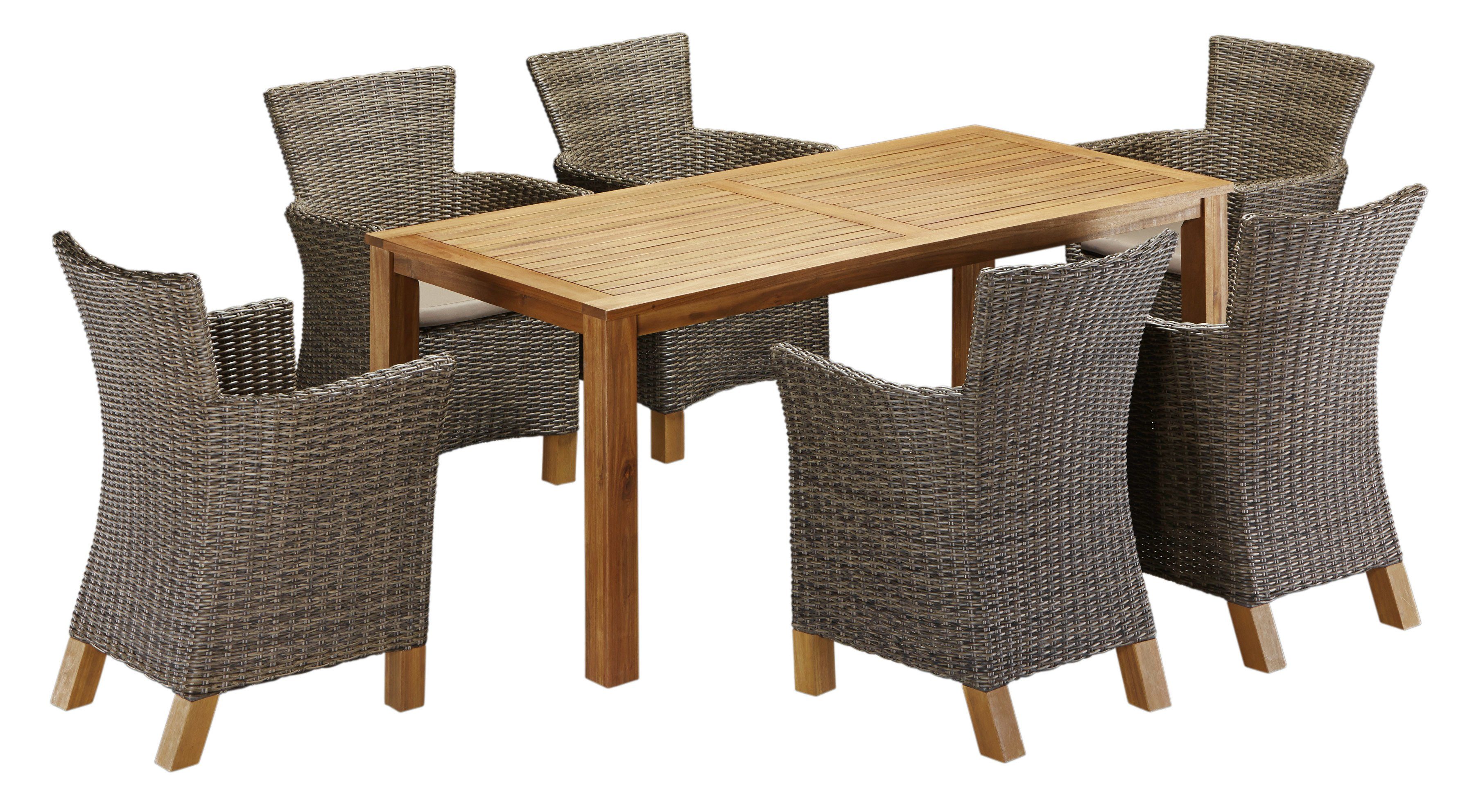 MERXX Garten-Essgruppe Toskana, (13-tlg), 6 Sessel, Tisch 185x90cm, Polyrattan/Akazie