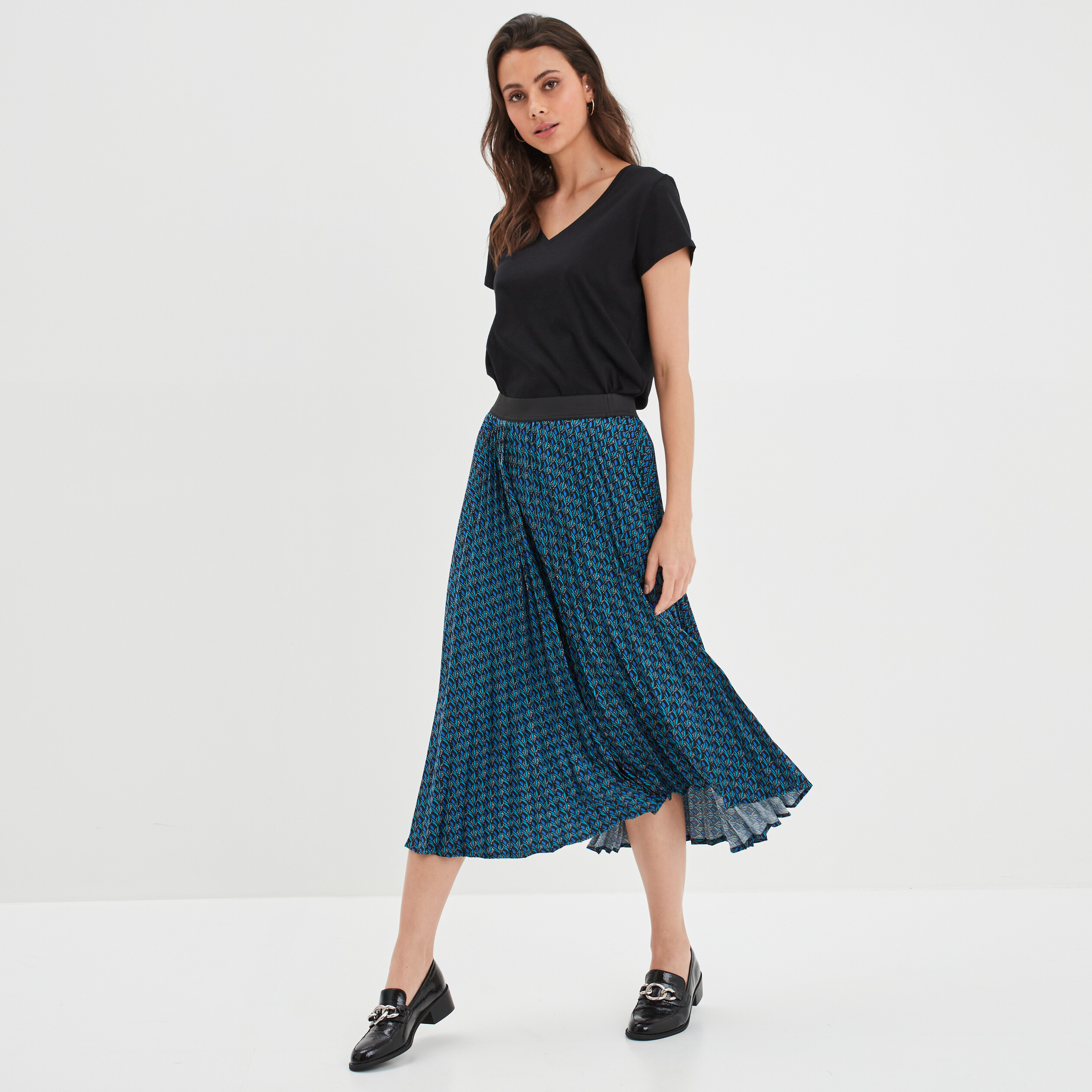 Jupe midi plissée en satin bleu marine femme | La Halle