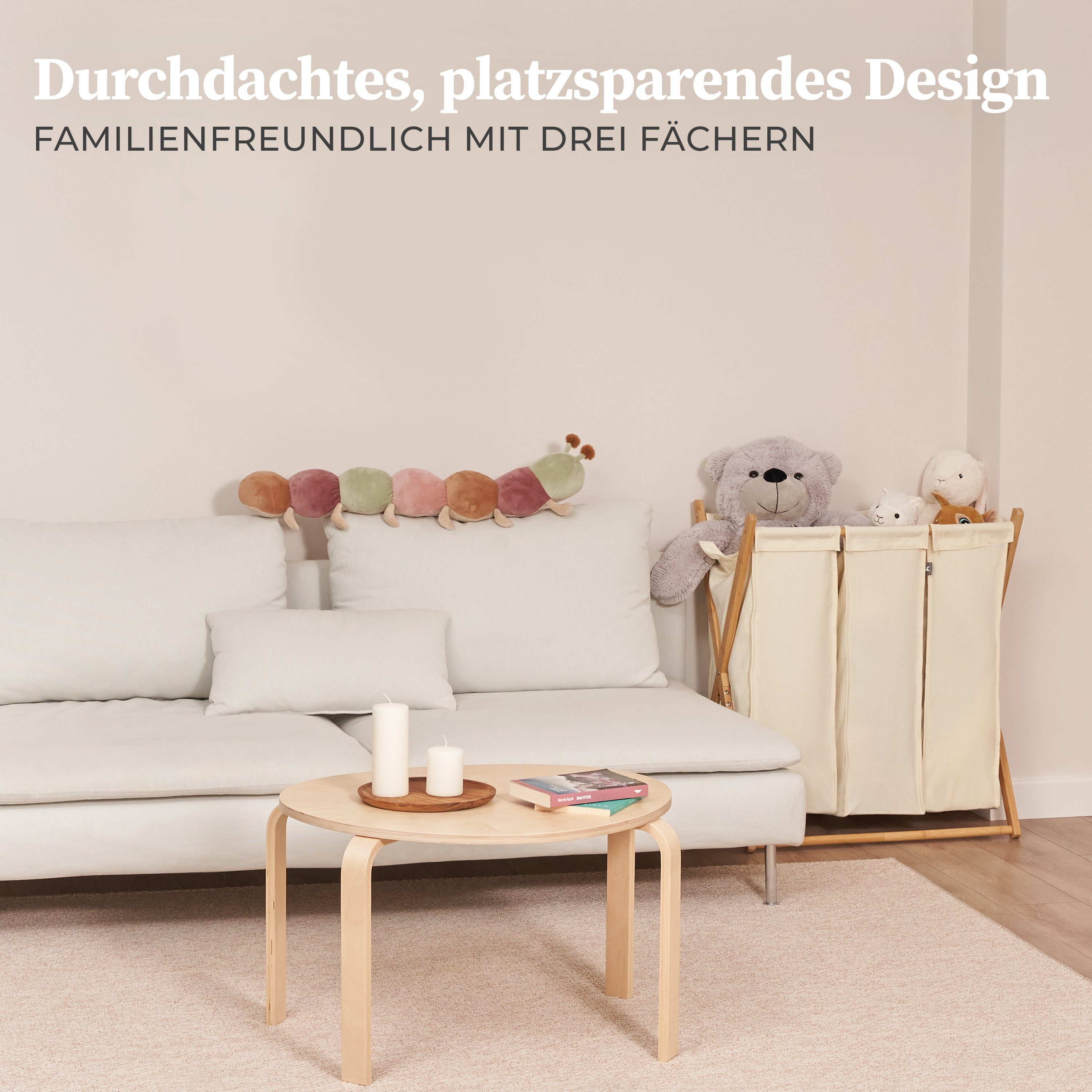 HENNEZ Wäschesortierer 3 Fächer - 150L Wäschesammler Bambus, Herausnehmbare Wäschesäcke - Premium Bambusrahmen