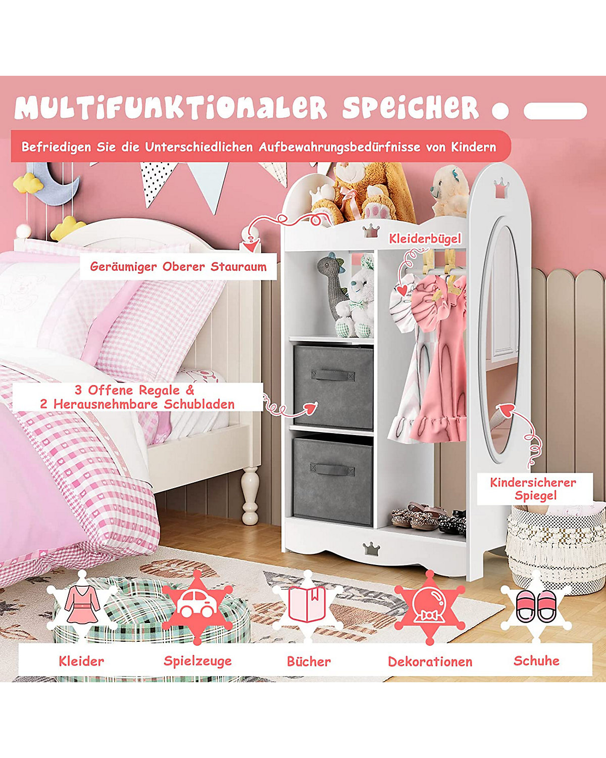 Kleiderschrank Kinder mit Spiegel & 2 Stoffbox