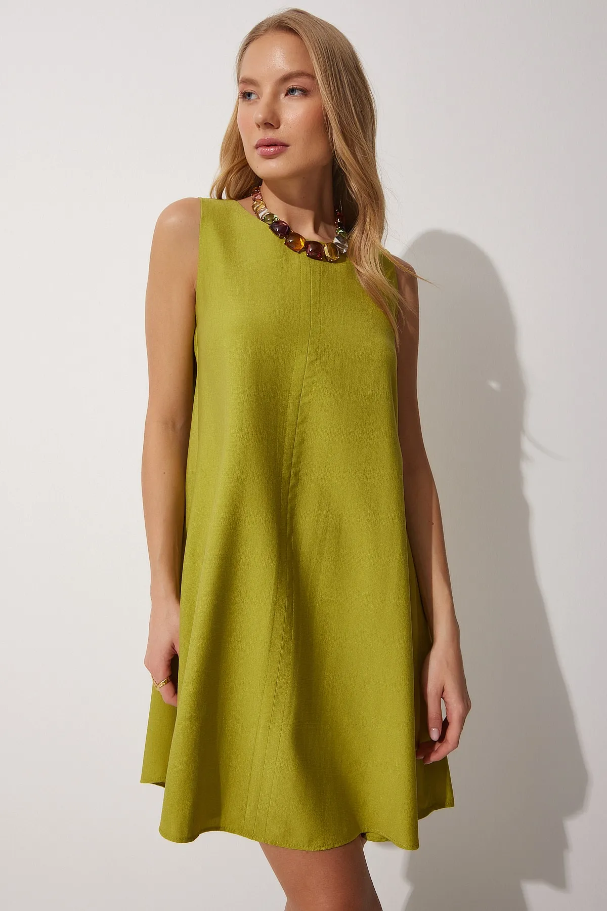 Happiness İstanbul  Pistaziengrünes, gewebtes A-Linien-Sommerkleid für Damen BF00067