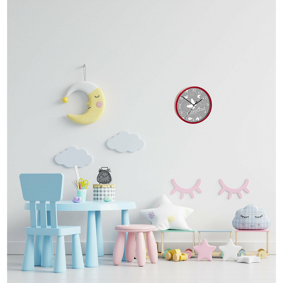 Kinder Wanduhr personalisiert mit Name Schmetterling Ornamente grau