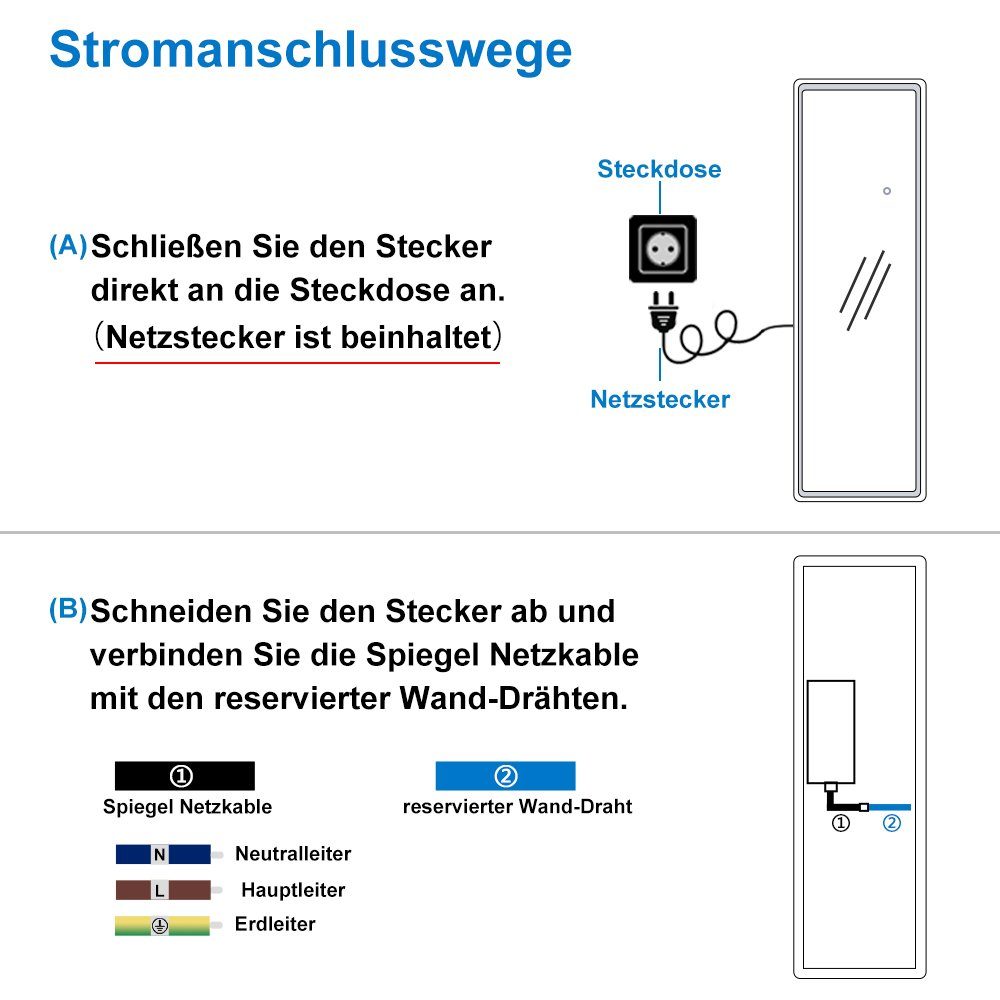 duschspa Ganzkörperspiegel Wandspiegel mit LED Beleuchtung Standspiegel Hängespiegel 150/160cm, Warm/Neutral/Kaltweß, dimmbar, Memory, mit Stecker