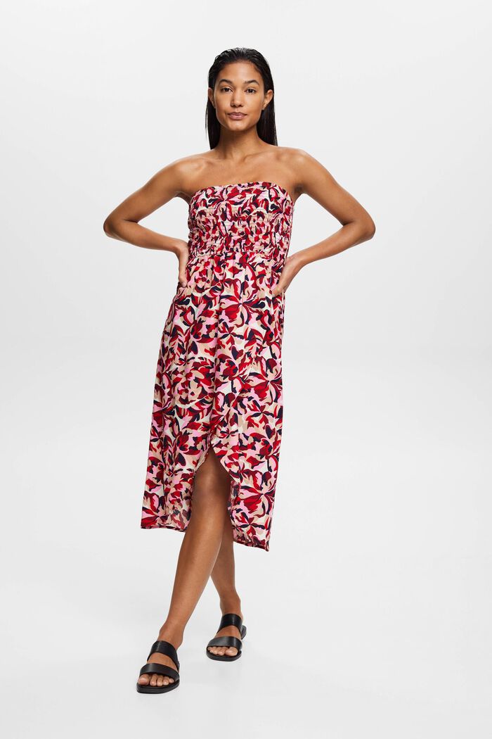 Gesmoktes Midi-Schlauchkleid mit Blumenmuster
