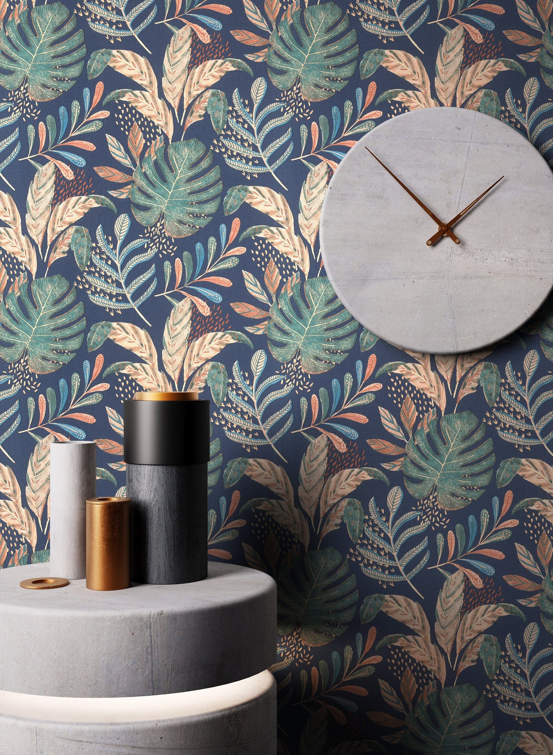 Newroom Vliestapete, Blau Tapete Tropisch Dschungel - Dschungeltapete Grafisch Bunt Floral Modern Blätter Blumen für Wohnzimmer Schlafzimmer Küche