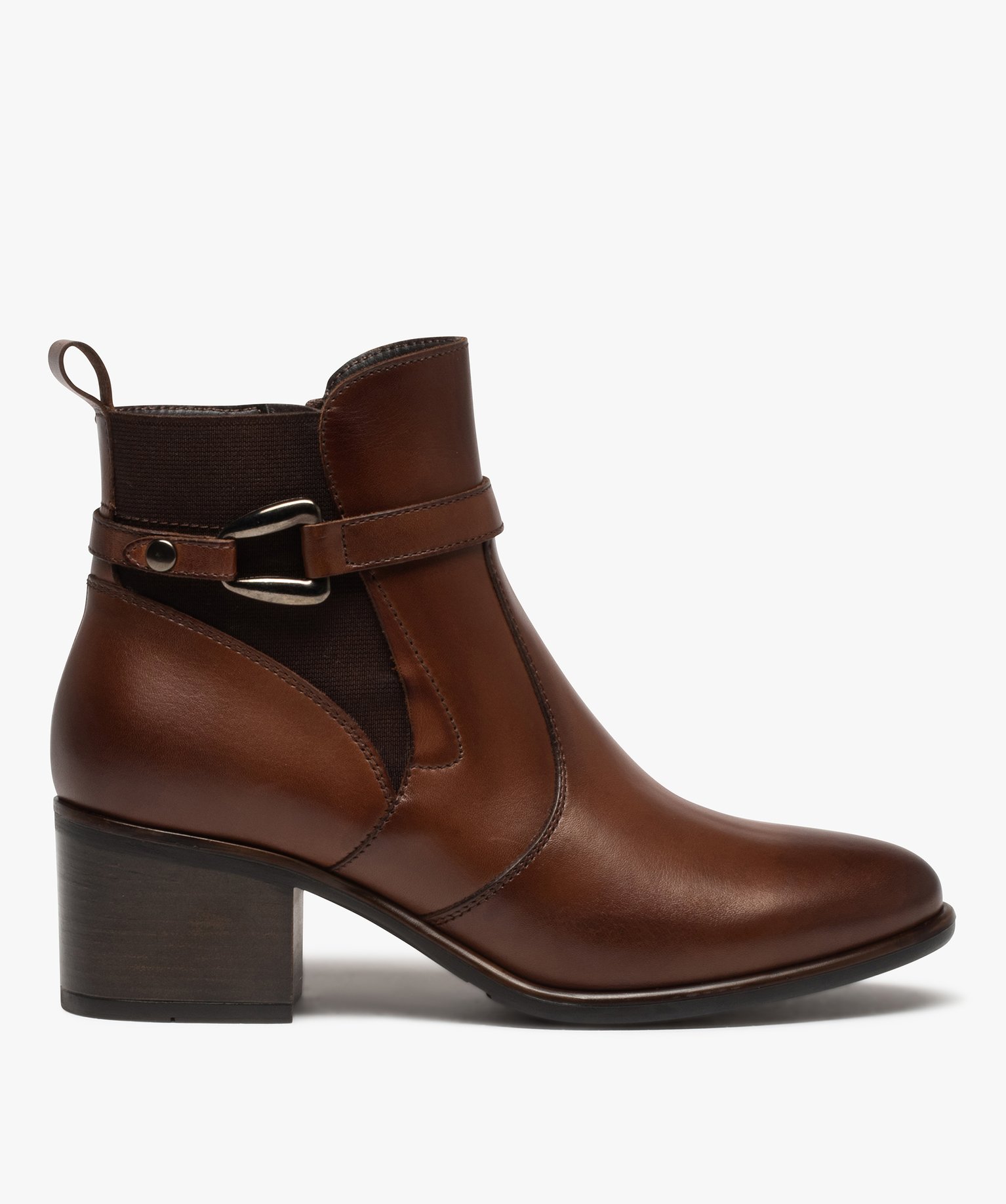 Boots femme à talon carré dessus en cuir uni à zip et bri... marron | GEMO
