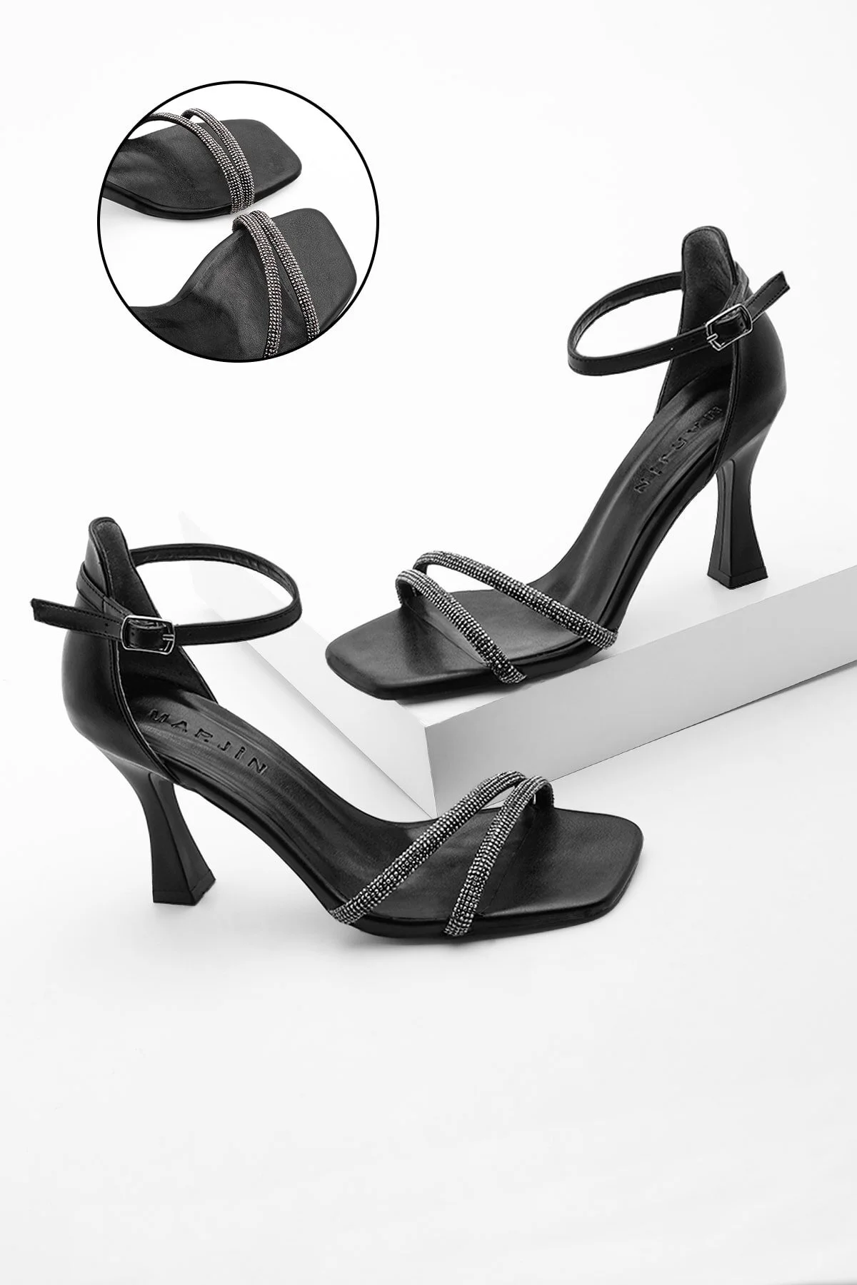Marjin  Damen Abendkleid Schuhe mit Absatz und Steinen Blunt Toe Sapro schwarz