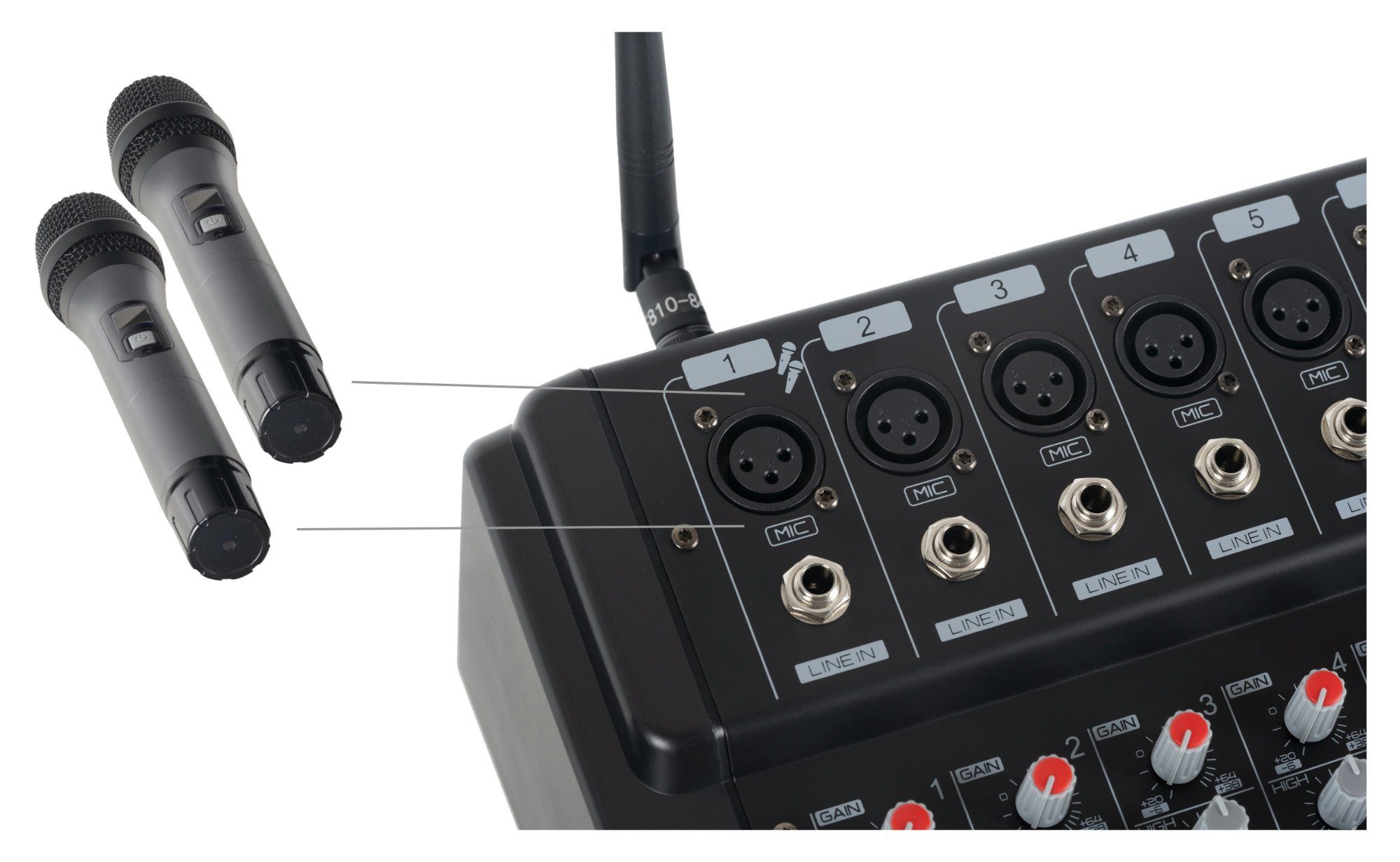 Pronomic Mischpult 8-Kanal-Powermischer 760 Watt RMS-Leistung, (inkl. 2 Funkmikrofone mit integriertem UHF-Empfänger), Bluetooth®/USB-Player/Recorder - Grafischer Equalizer
