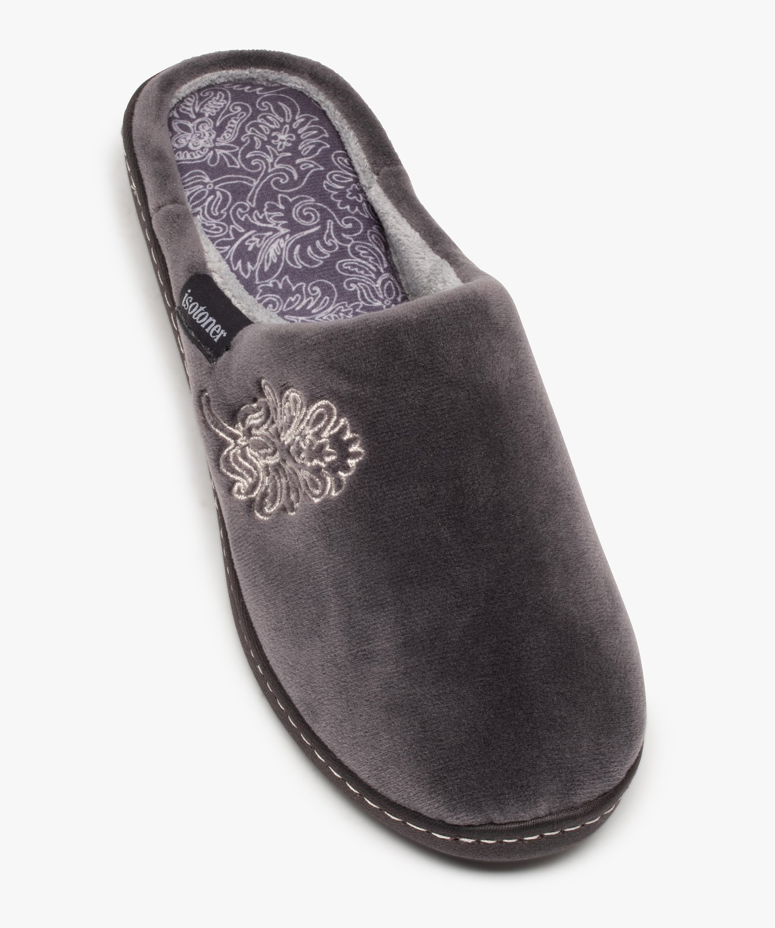 Chaussons femme mules en velours brodé - Isotoner gris | GEMO