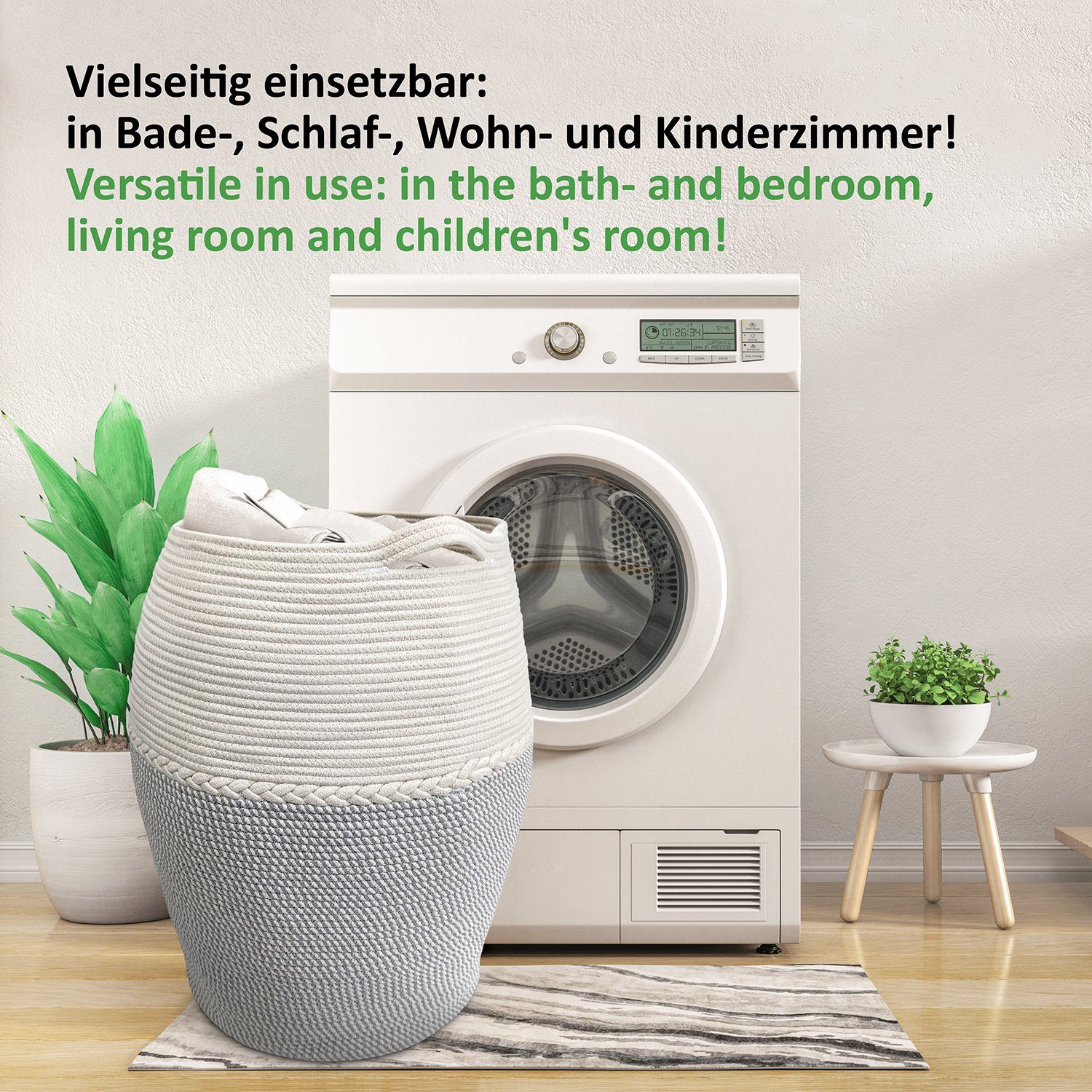 WIESEN.design Wäschekorb Jamila Ø46/39xH65cm 105L, 100% Baumwolle, Aufbewahrung geflochten, inkl. großem Waschsack und schwerem Wäschesack, gratis Versand