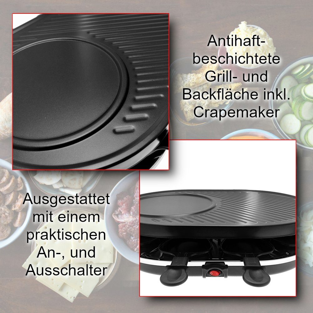 Elfmonkey Raclette Raclette XL - 8 beschichtete Tassen, Tischgrill, 1200 Watt, 8 Raclettepfännchen, 1200,00 W