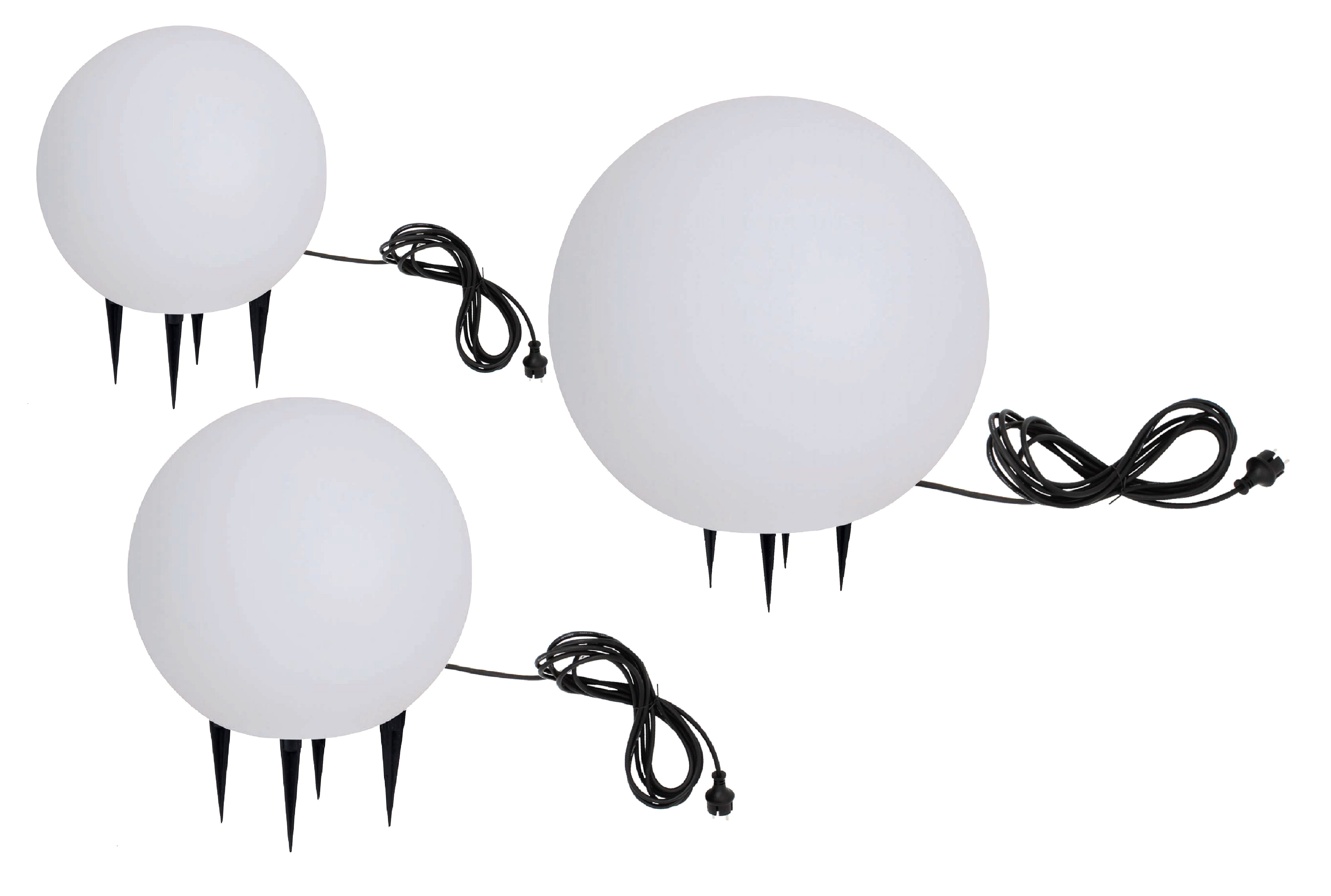 TRANGO LED Gartenleuchte, 3er Set 253040WB IP65 Gartenkugel in Weiß matt mit 25/30/40cm Durchmesser *SNOW* Kugelleuchte inkl. je 1x 4-5 Watt E27 LED Leuchtmittel & je ca. 5 Meter IP44 Kabel, Gartenleuchte, Leuchtkugel