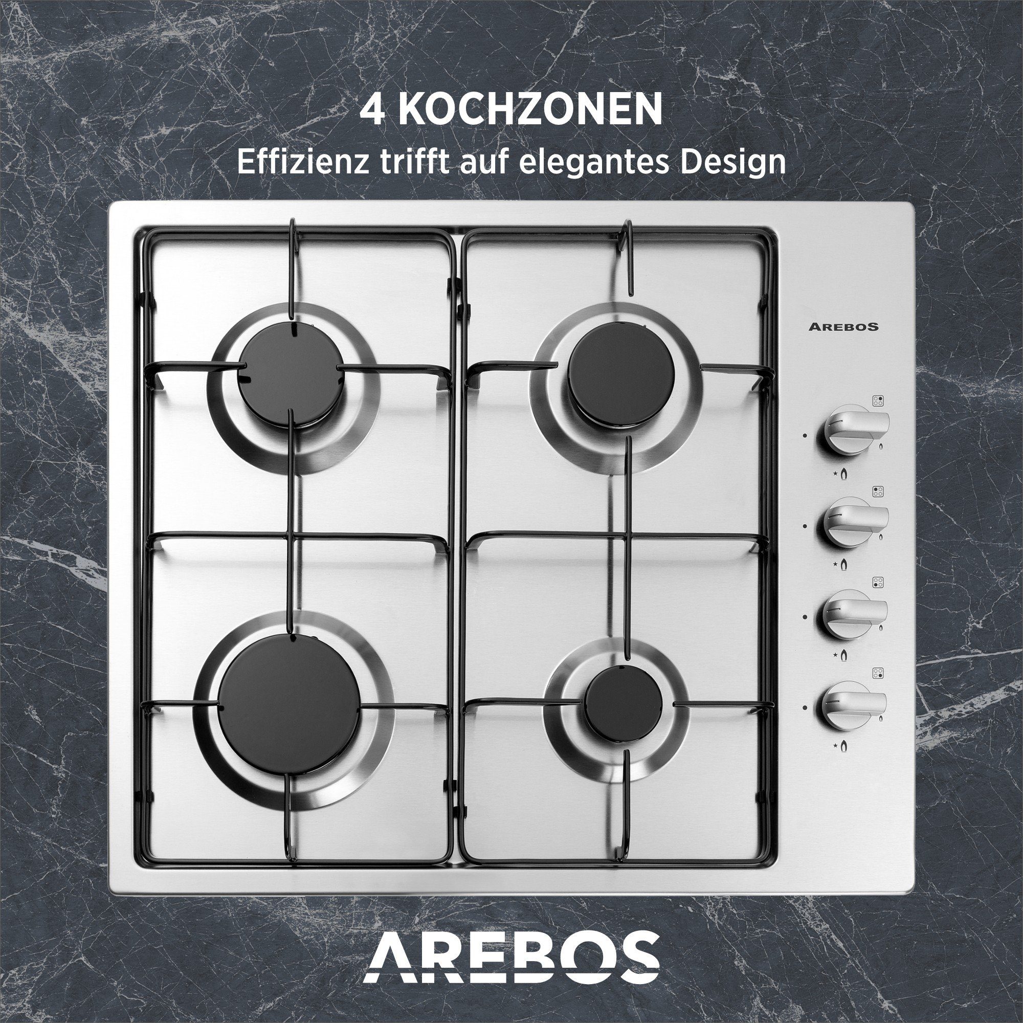 Arebos Gas-Kochfeld Gasherd AR-HE-GH58, Edelstahl, Geeignet für Erdgas oder Propangas, Gasherd, Gaskocher