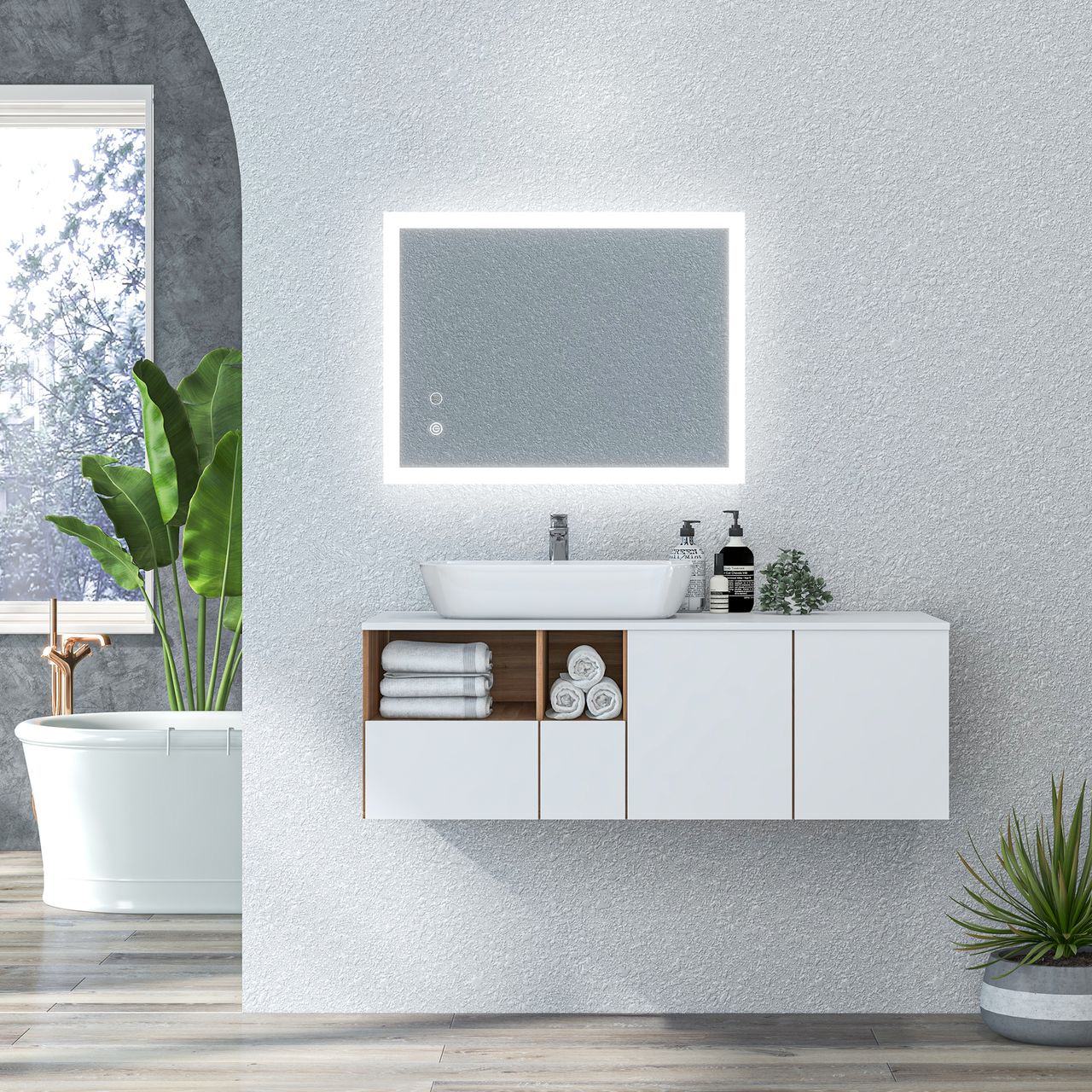 kleankin Badspiegel, Badezimmerspiegel mit LED-Leuchte, Memory-Funktion 80x 60cm
