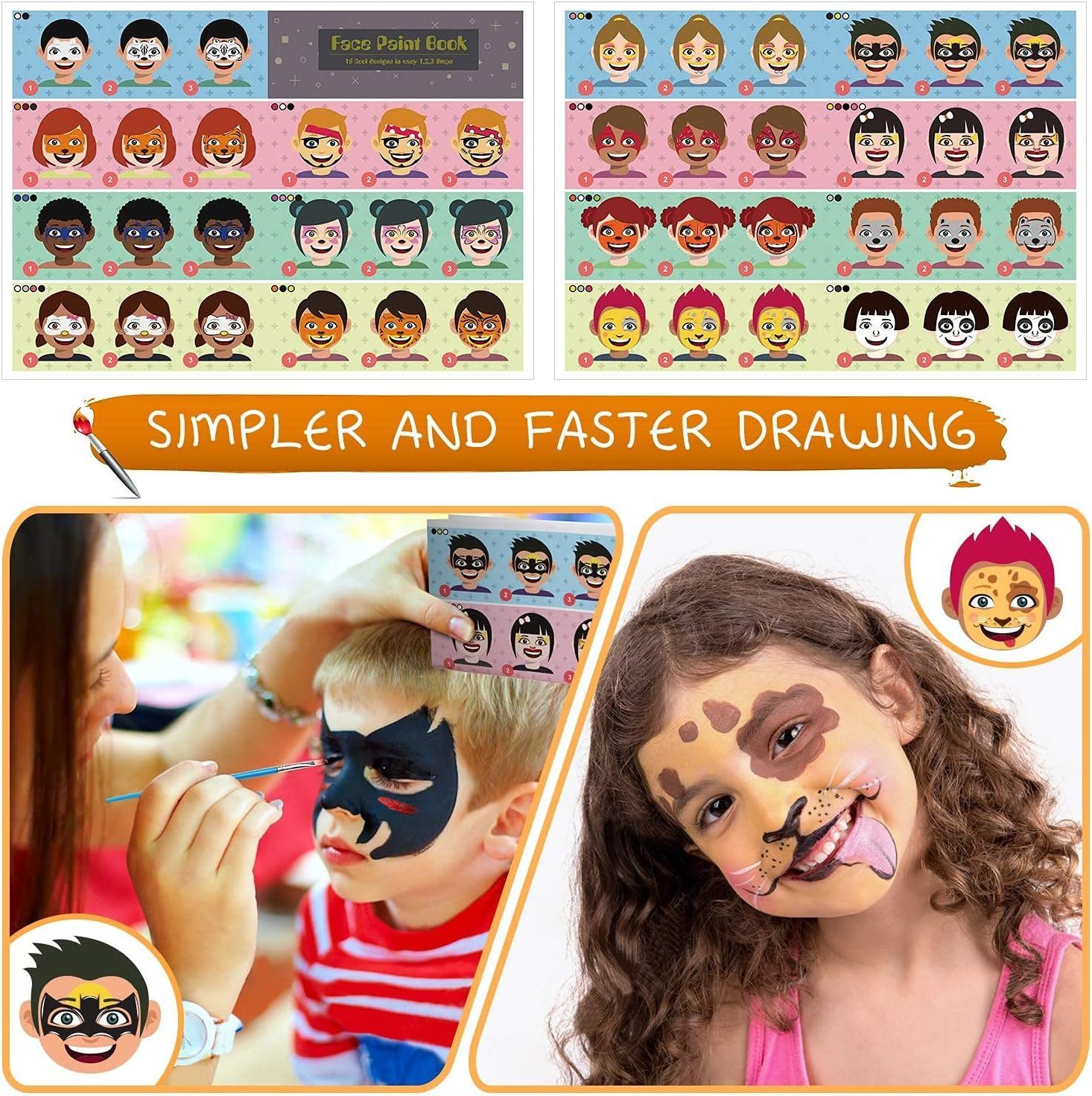LENBEST Schmink-Set Schminke Kinder 17 Farben Glitzer Pinsel Make Up Schwamm Schablonen, Kinderschminke Set, Halloween Fasching Karneval Schminke Kinder, Faschingsschminke Theaterschminke Karnevalsschminke
