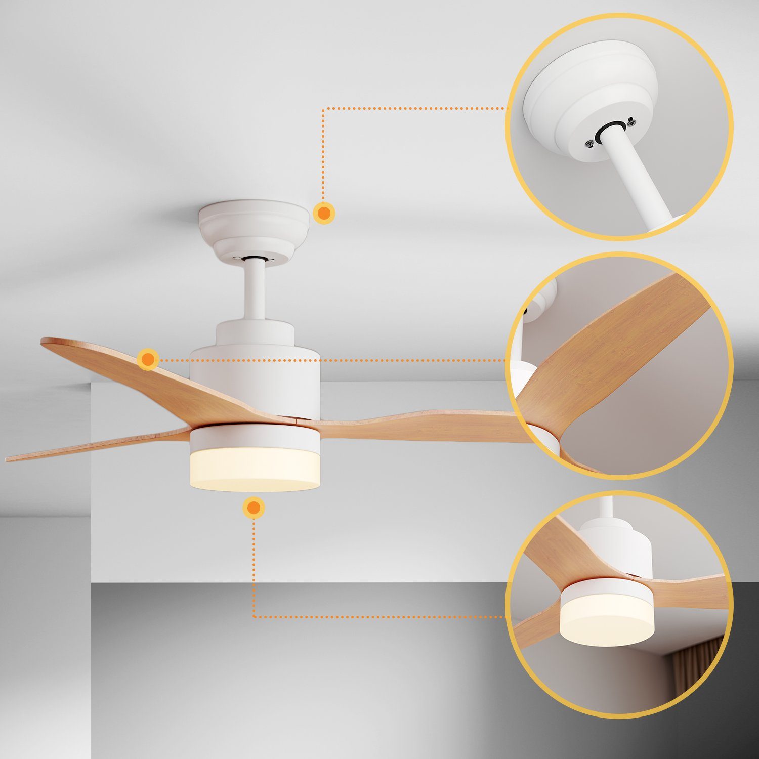SONNI Deckenventilator Deckenventilator, mit Licht und Fernbedienung, Weiß / Schwarz, Decken Lampe 3 Stufen Ø 47 Inch Ø119cm Leuchte