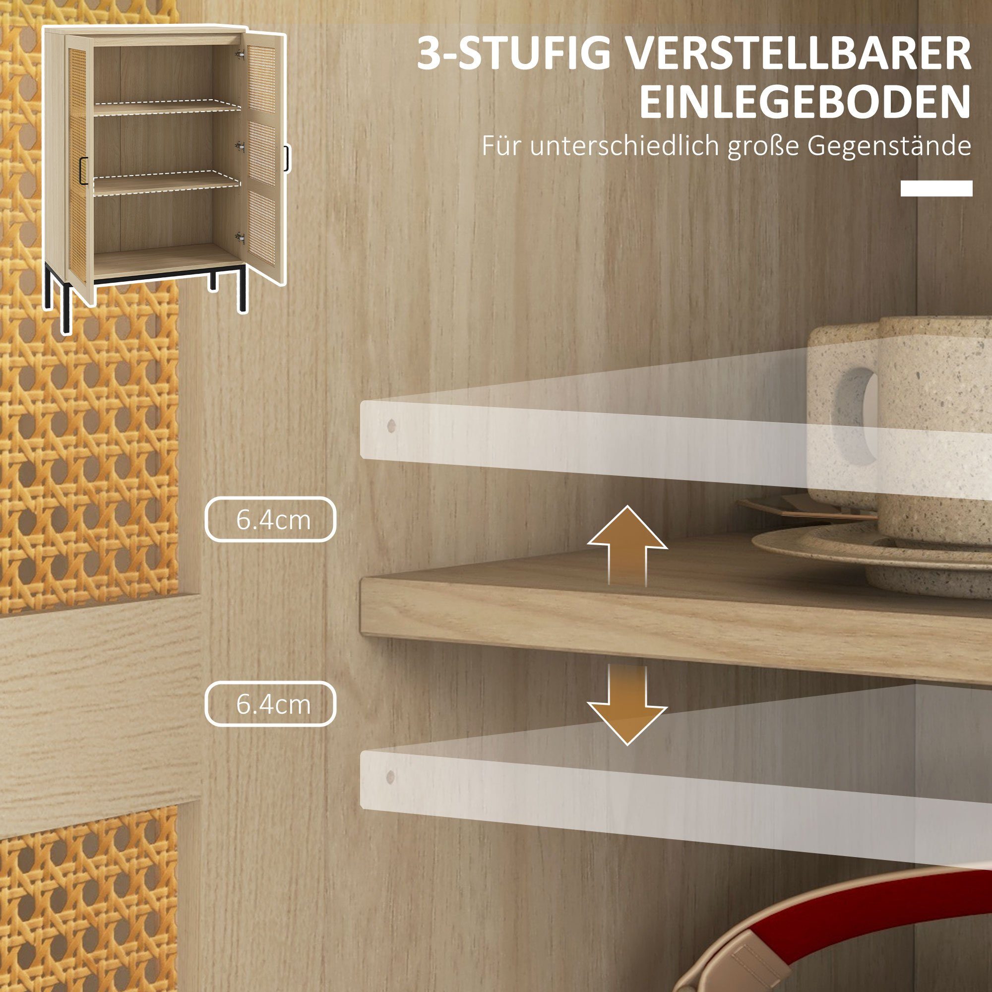 HOMCOM Highboard Aufbewahrungsschrank mit 3 Regalen, Doppeltür, für Wohnzimmer (Küchenschrank, 1 St., Sideboard), Kippsicheres Design