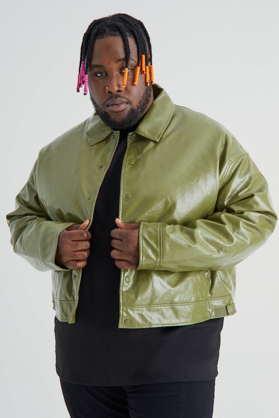 Plus kastige hochglänzende PU Harrington-Jacke