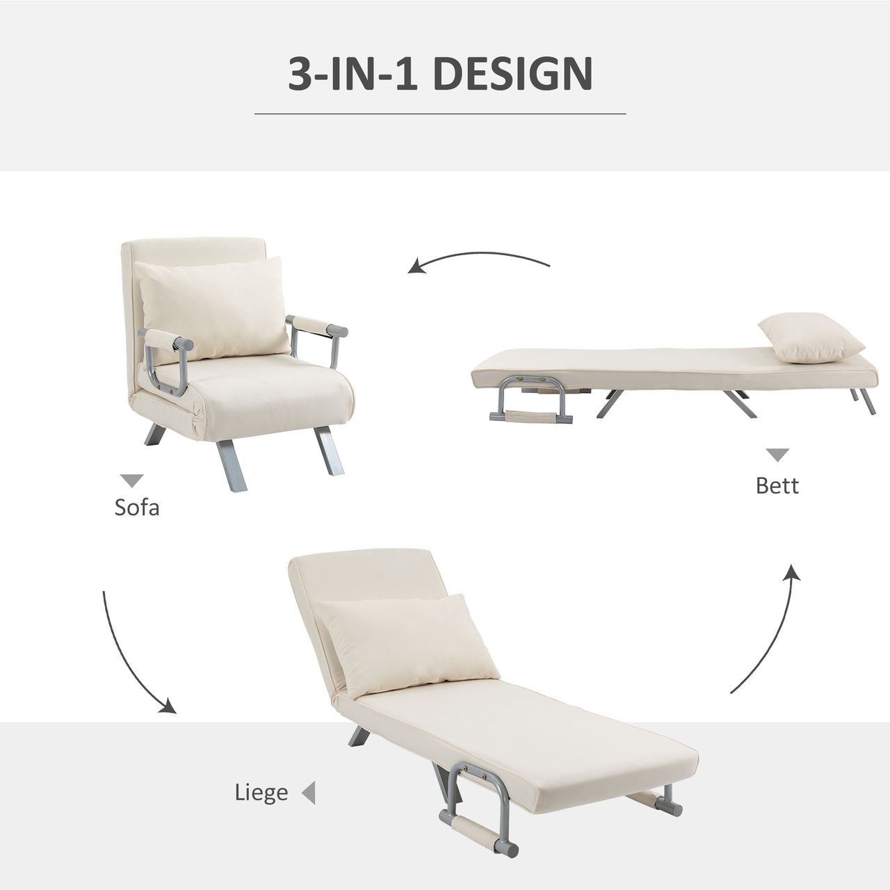 HOMCOM 3-in-1 Schlafsofa mit Armlehne Schlafsessel Klappbett Chaiselongue