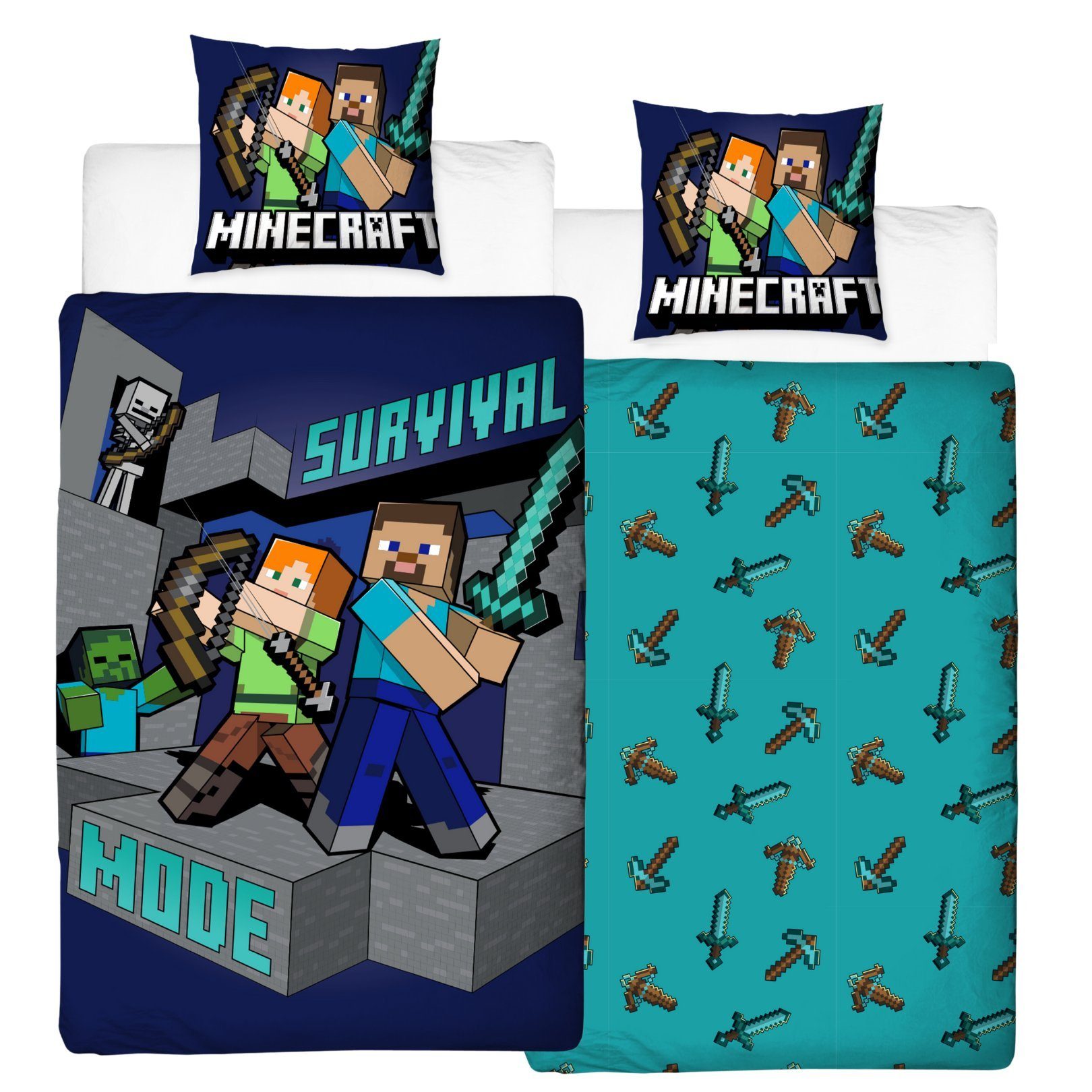 Bettwäsche Minecraft 135x200 + 80x80 cm, 100 % Baumwolle, MTOnlinehandel, Renforcé, 2 teilig, coole & starke Kinder- und Jugendbettwäsche 