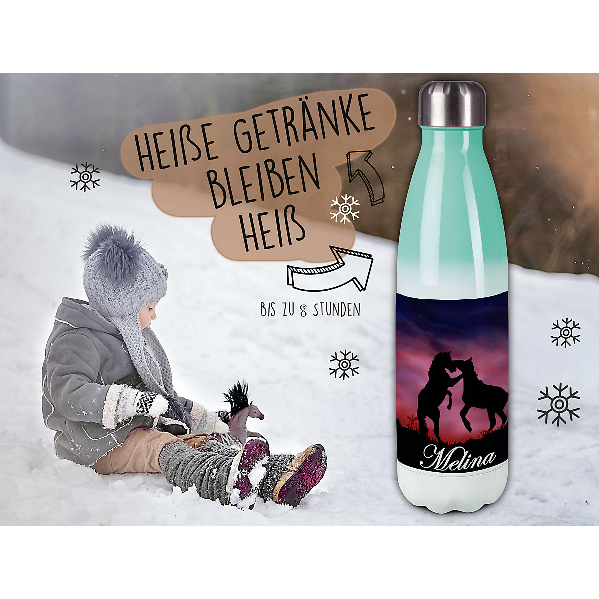 Edelstahl Kinder Thermoflasche / Trinkflasche bunt Pferde Spülmaschinenfest, Auslaufsicher, Bruchfest, Doppelwandig, Für Heißgetränke geeignet, Mit Deckel, Isoliert