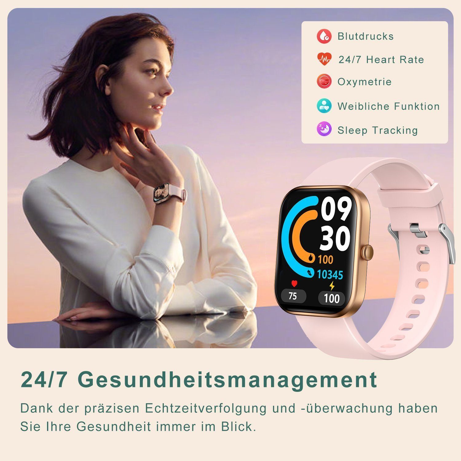 IBETTER Smartwatch Damen Herren Smartwatch (2.0'' HD Voll Touchscreen Zoll Zoll) Fitnessuhr mit Telefonfunktion WhatsApp Notiz mit deutscher Bedienungsanleitung, Herzfrequenzmesser,mit Blutsauerstoff Pulsmesser Sportuhr Schrittzähler Schlafmonitor Ak
