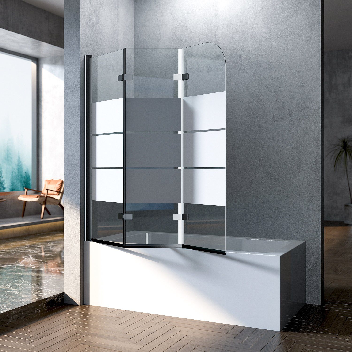 Boromal Badewannenaufsatz 120x140cm 130x140cm 3 teilig faltbar Schwarz Duschwand für Badewanne, 180° Faltwand, verstellbar Alu Wandprofil, milchglas, (Duschabtrennung Badewanne, Sicherheitsglas), Effizient wasserdicht, Rechts-und Links montierbar