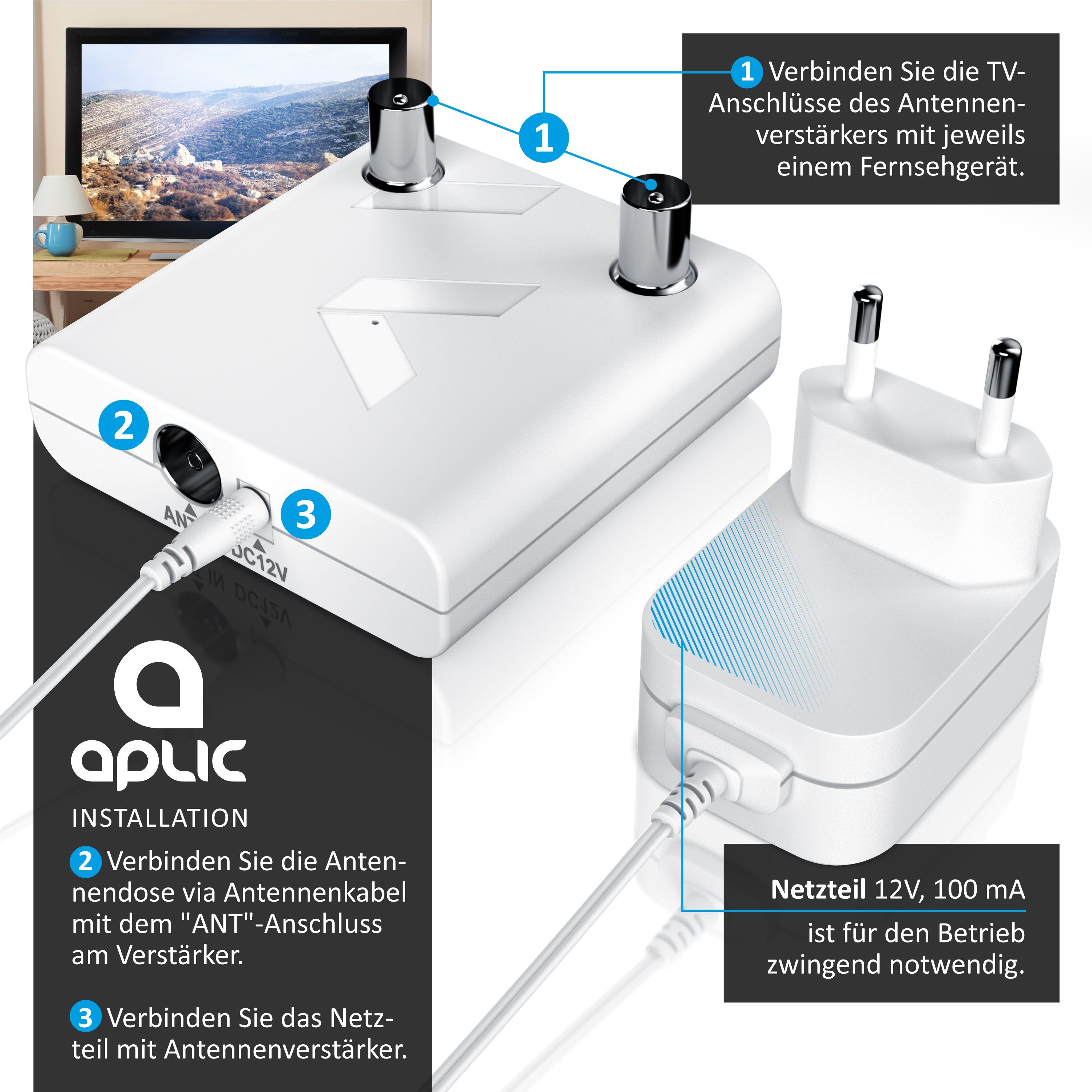 Aplic Verstärker (DVB-T2, Kabel TV, Radio Antennenverstärker, 2x 13 dB Signalverstärkung)