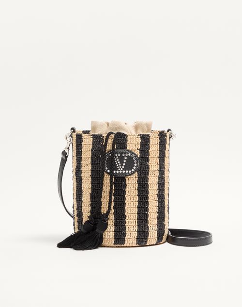 Valentino Garavani lille stribet raffia-buckettaske