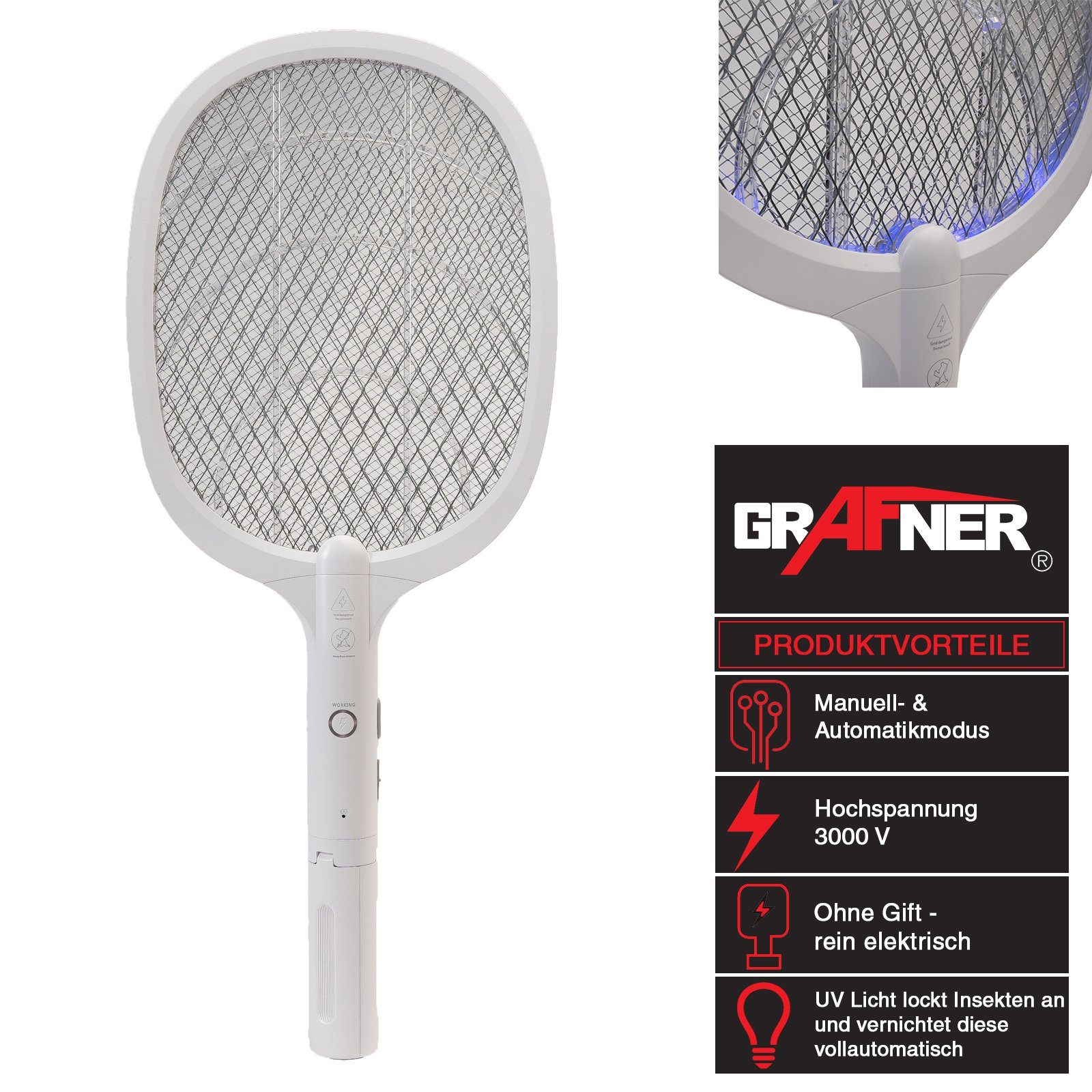 Grafner Moskitonetz elektrische Akku Fliegenklatsche USB UV LED FL11030 (Stk, 1 St., 1), L ca. 52 cm, B: ca. 21,5 cm, UV-LED-Licht, aufladbarer Akku, 1200 mAh