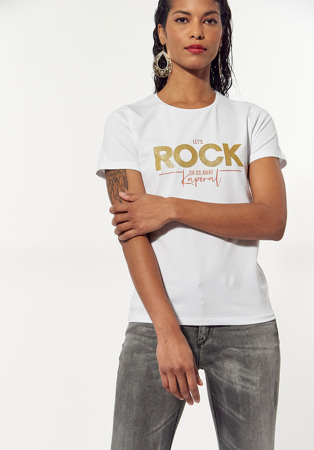 ARPEK  T-shirt cintré blanc Femme avec imprimé ROCK pailleté
