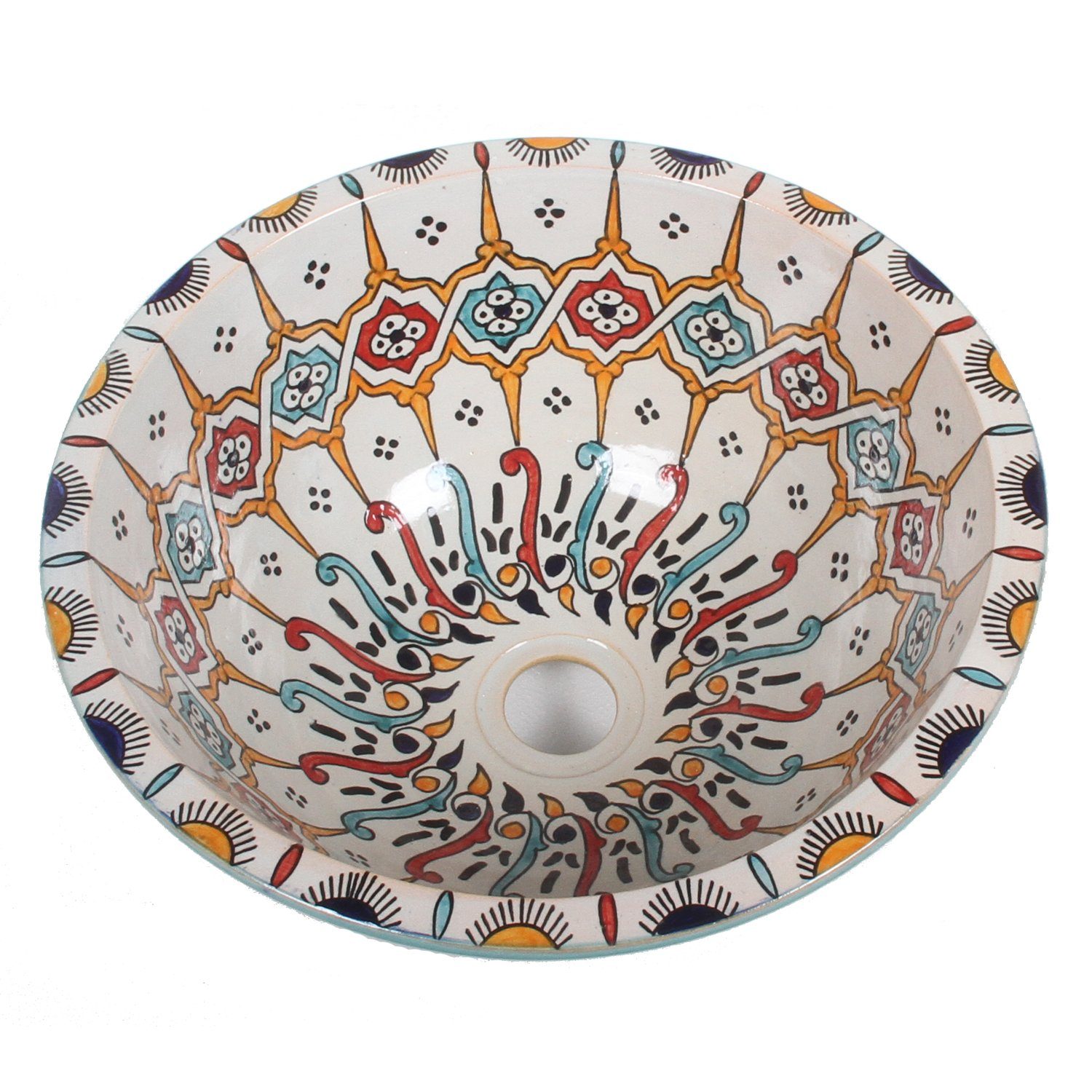 Casa Moro Waschbecken Orientalisches handbemaltes Keramik Waschbecken Fes101 Ø 40cm (Kunsthandwerk aus Marokko), rundes Handwaschbecken WB40311