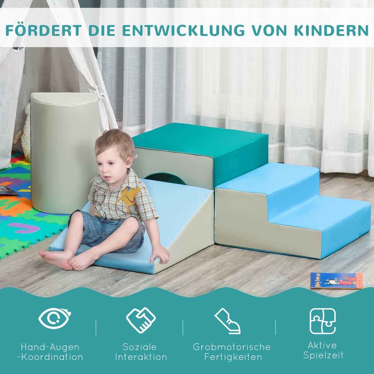 HOMCOM Bausteinset 4er-Set Schaumstoff Bausteine einfache Reinigung weiche Füllung Schaumstoffblöcke für 1-3 Jahre Kinder EPE Hellgrau Blau Grün 150 x 50 x 39 cm