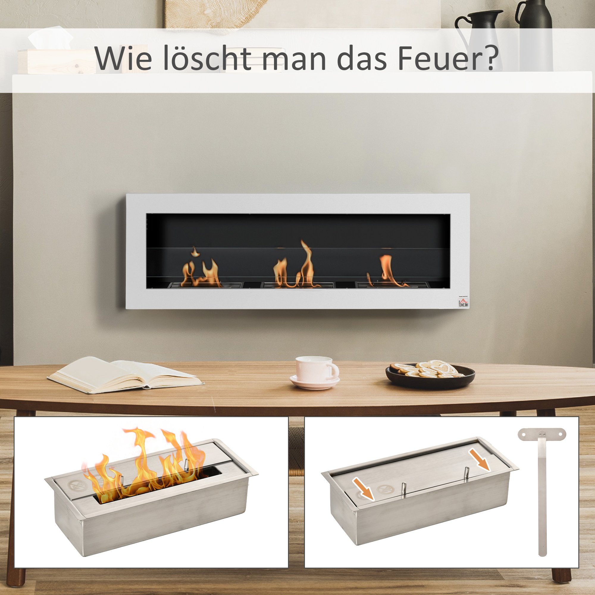 HOMCOM Echtfeuer-Dekokamin Alkohol-Kamin, Ethanol-Kamin Bio-Ethanol-Brenner 3 Brennboxen 3 Std. Brenndauer Weiß