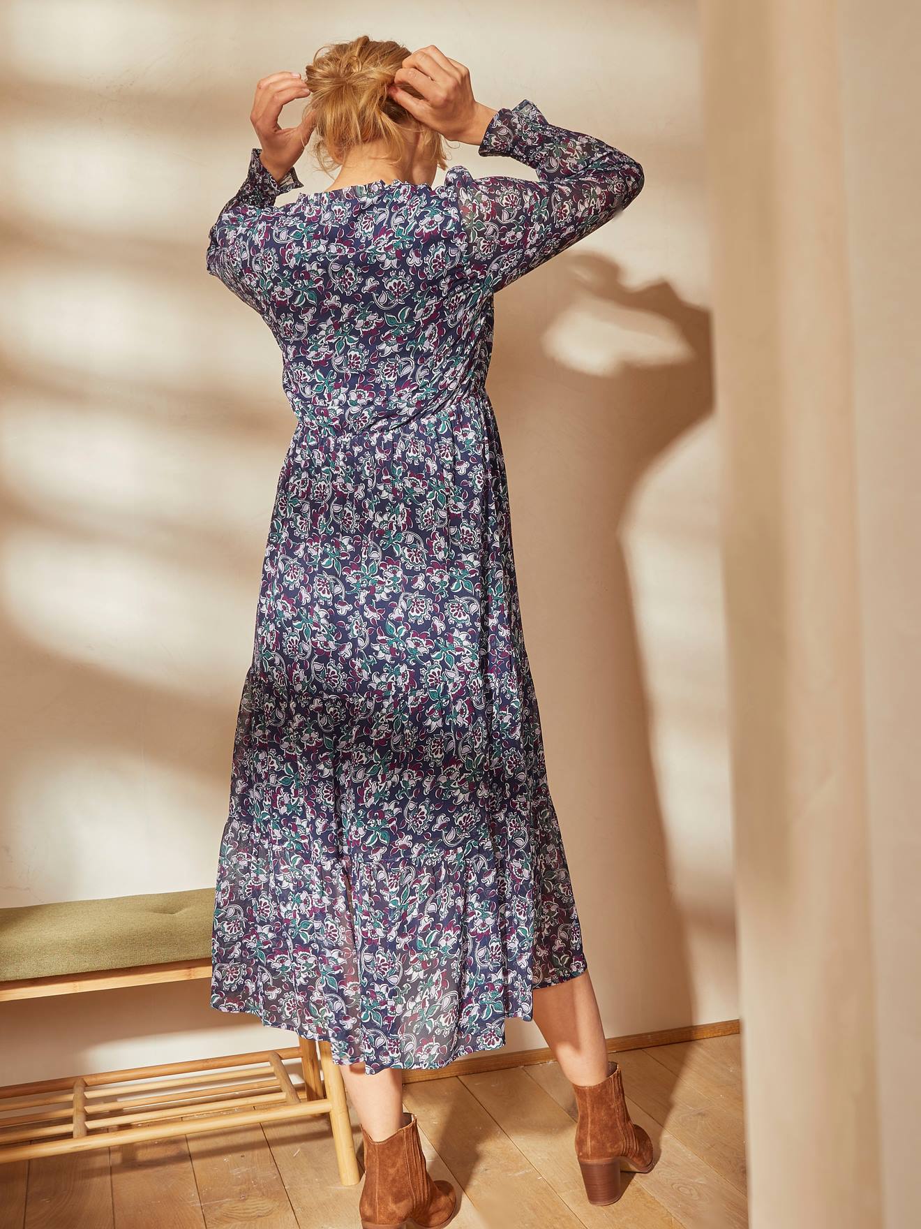 Robe longue crêpe imprimé grossesse et allaitement bleu aop
