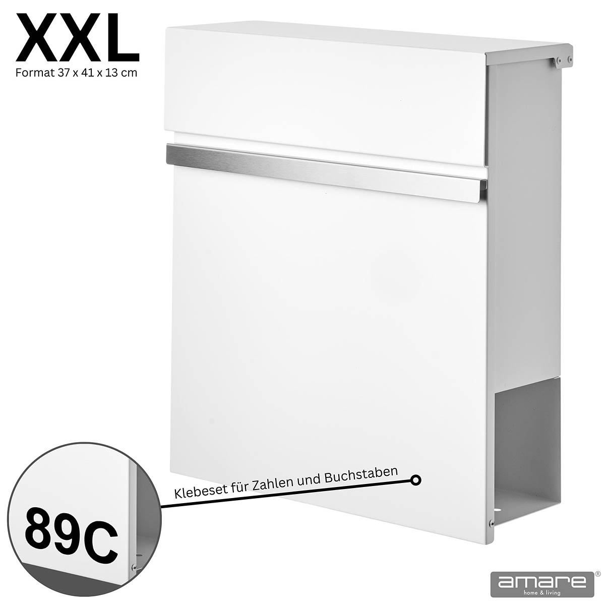 Weles AMARE DESIGN XXL Edelstahl Briefkasten Series 5  - 37 x 41 x 13 cm - Weiß