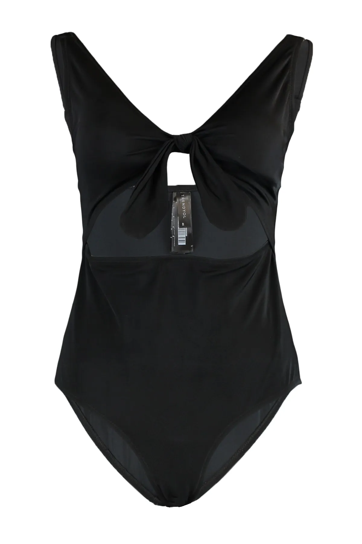Trendyol Curve  Schwarzer Badeanzug mit tiefem V-Ausschnitt, Cut-Out und Überwurf zum Binden TBBSS22MA0302