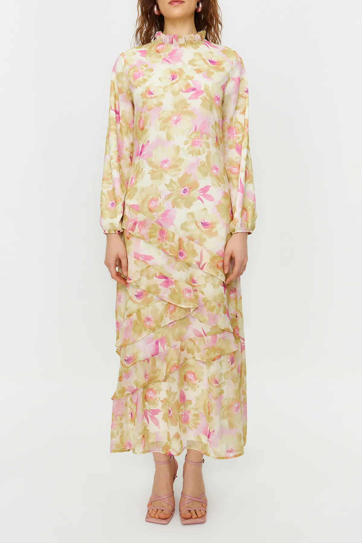 Trendyol Modest  Grüner Blumenrock, gerüschtes, gefüttertes Kleid aus gewebtem Chiffon TCTSS24EB00036