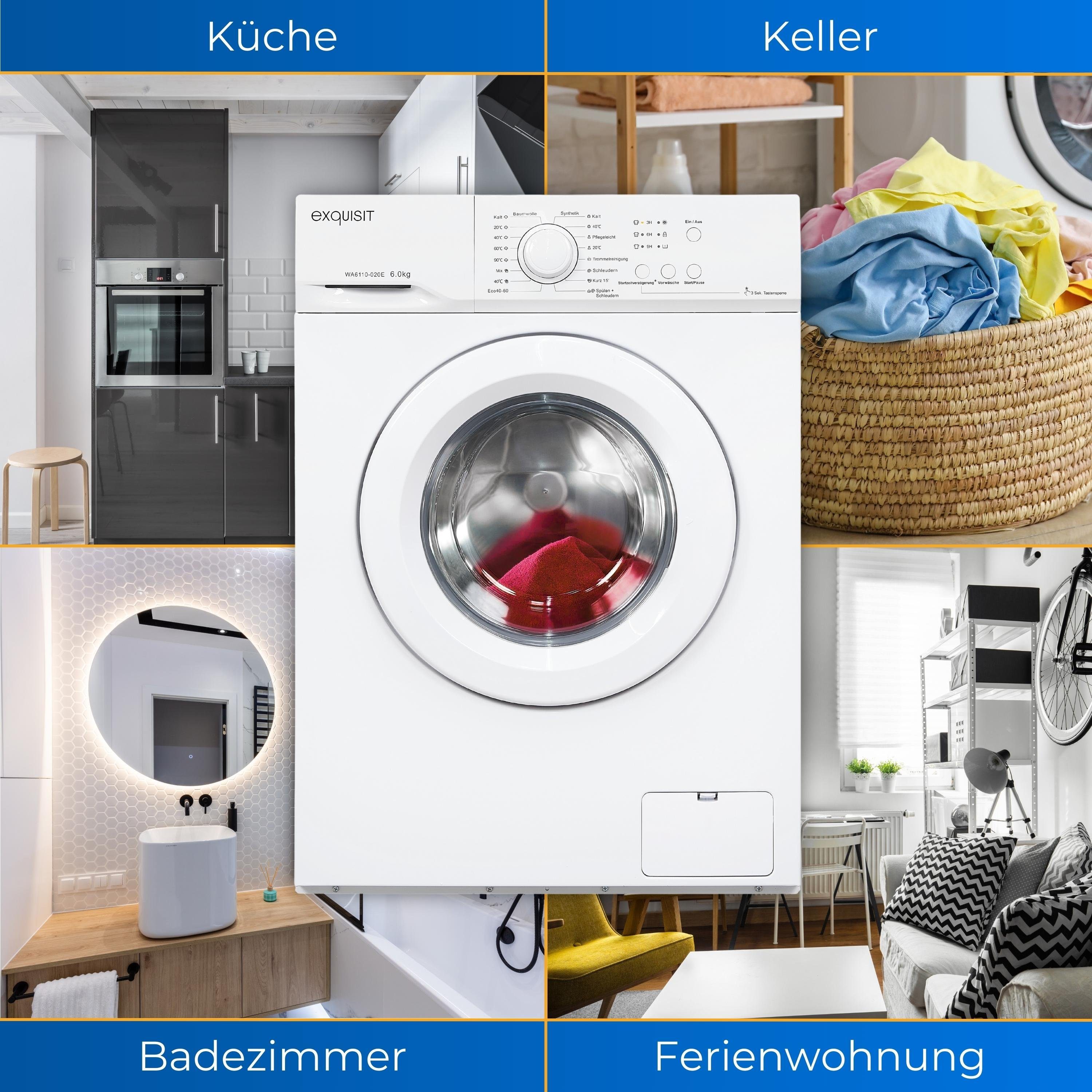 exquisit Waschmaschine WA6110-020E, 6 kg, 1000 U/min, Kindersicherung, Startzeitverzögerung
