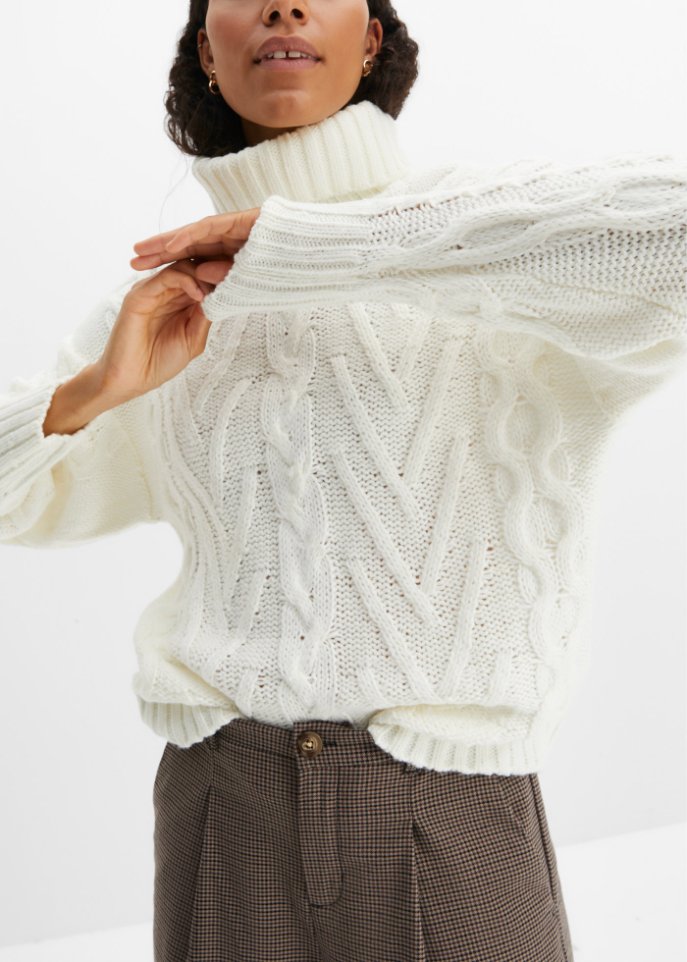 Rollkragen-Pullover mit Zopfmuster