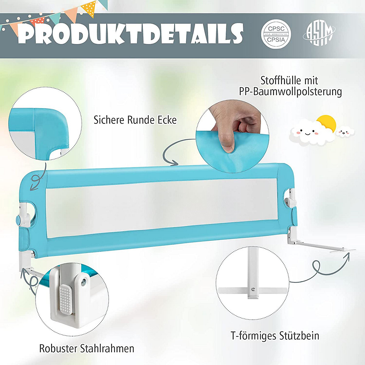 Bettschutzgitter klappbar 150 cm mit Verbindungsriemen