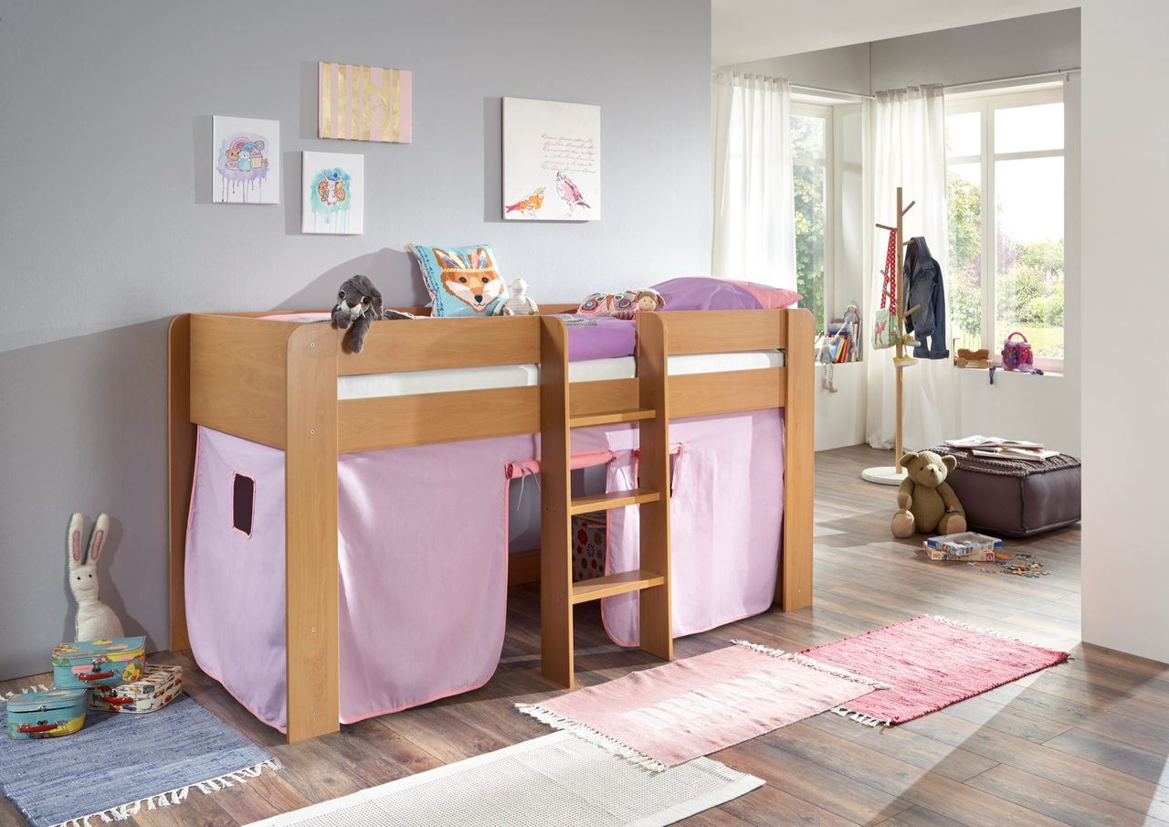 Relita Halbhochbett ANDI Liegefläche 90 x 200 cm Dekor natur inkl. Vorhang purple/rosa