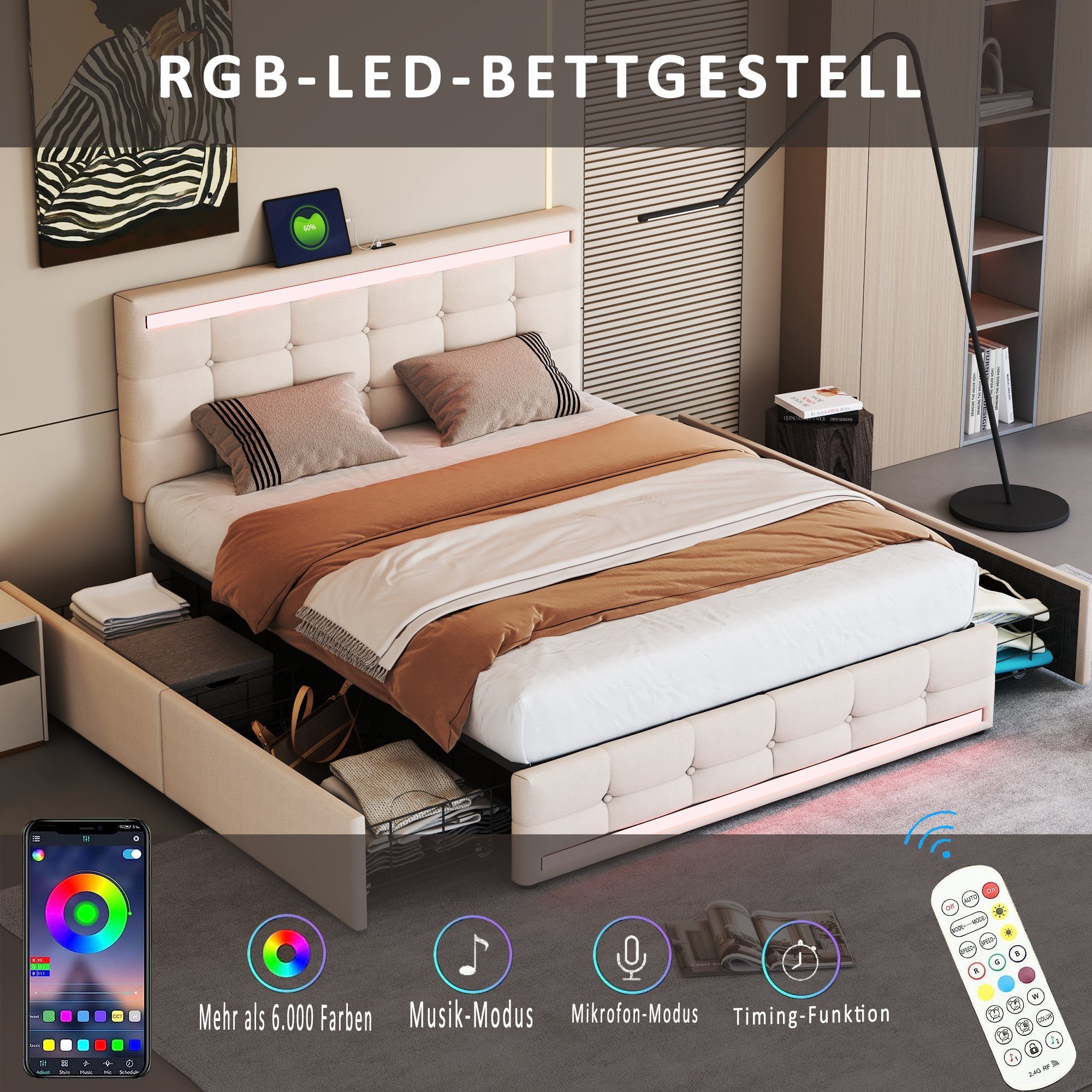 OKWISH Polsterbett Doppelbett (140 * 200 ohne Matratze, Gepolstertes LED-Bettgestell mit 4 Schubladen und 2 USB-Ladestationen), Gepolstertes Plattformbett mit Stauraum