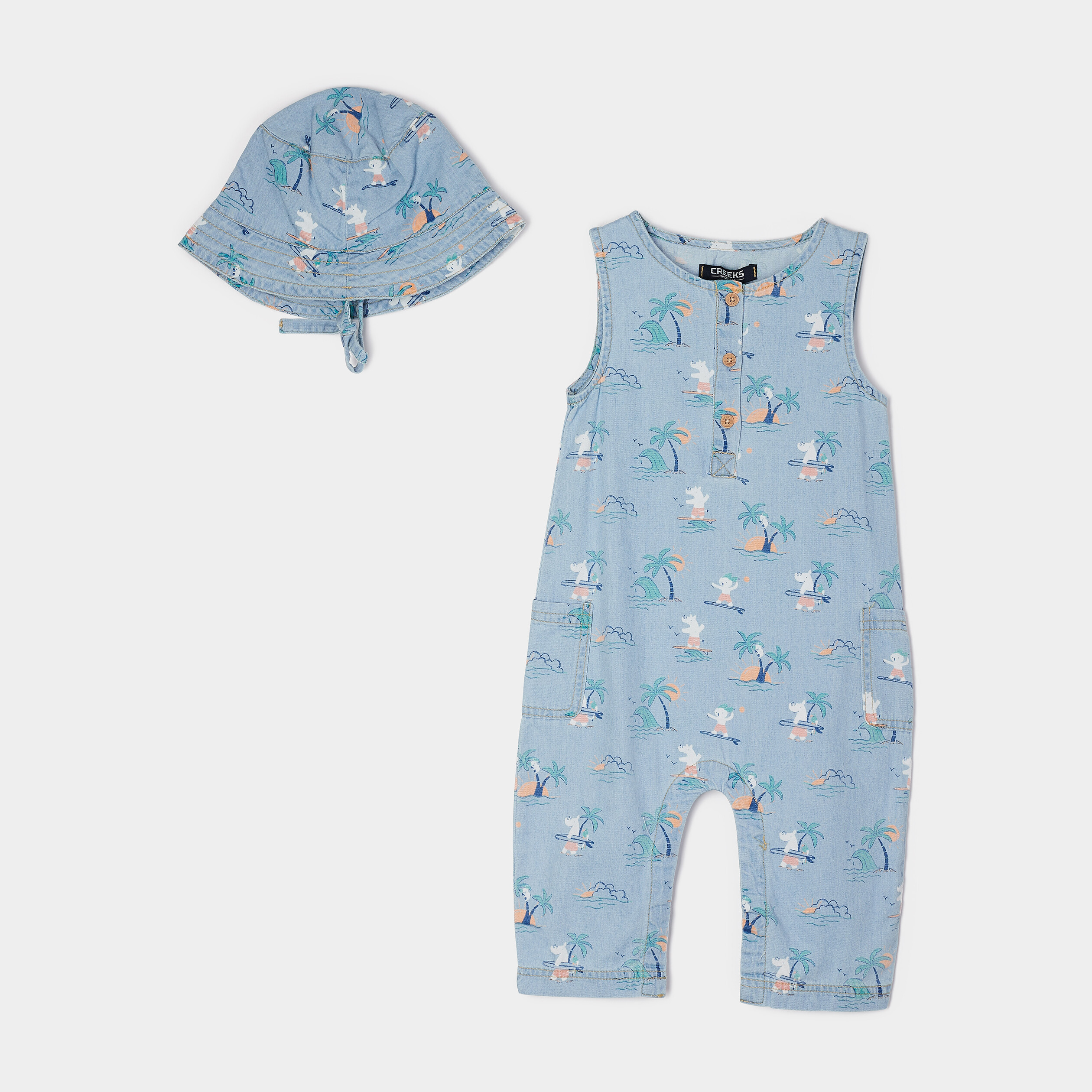 Ensemble 2 pièces combinaison et chapeau denim bleach bébé garçon | La Halle