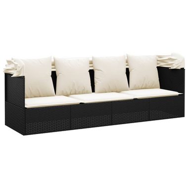 vidaXL Gartenliege Outdoor-Loungebett mit Dach und Kissen Schwarz Poly Rattan, 1 St.