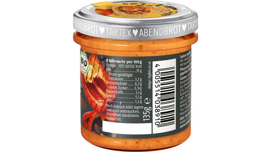 Tartex Bio Saaten Zauber Kürbiskern Gegrillte Paprika 135 g